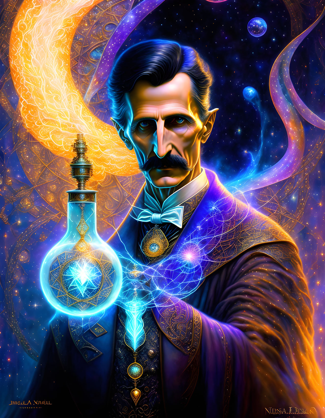 Man with Mustache in Period Attire Holding Glowing Flask in Cosmic Setting