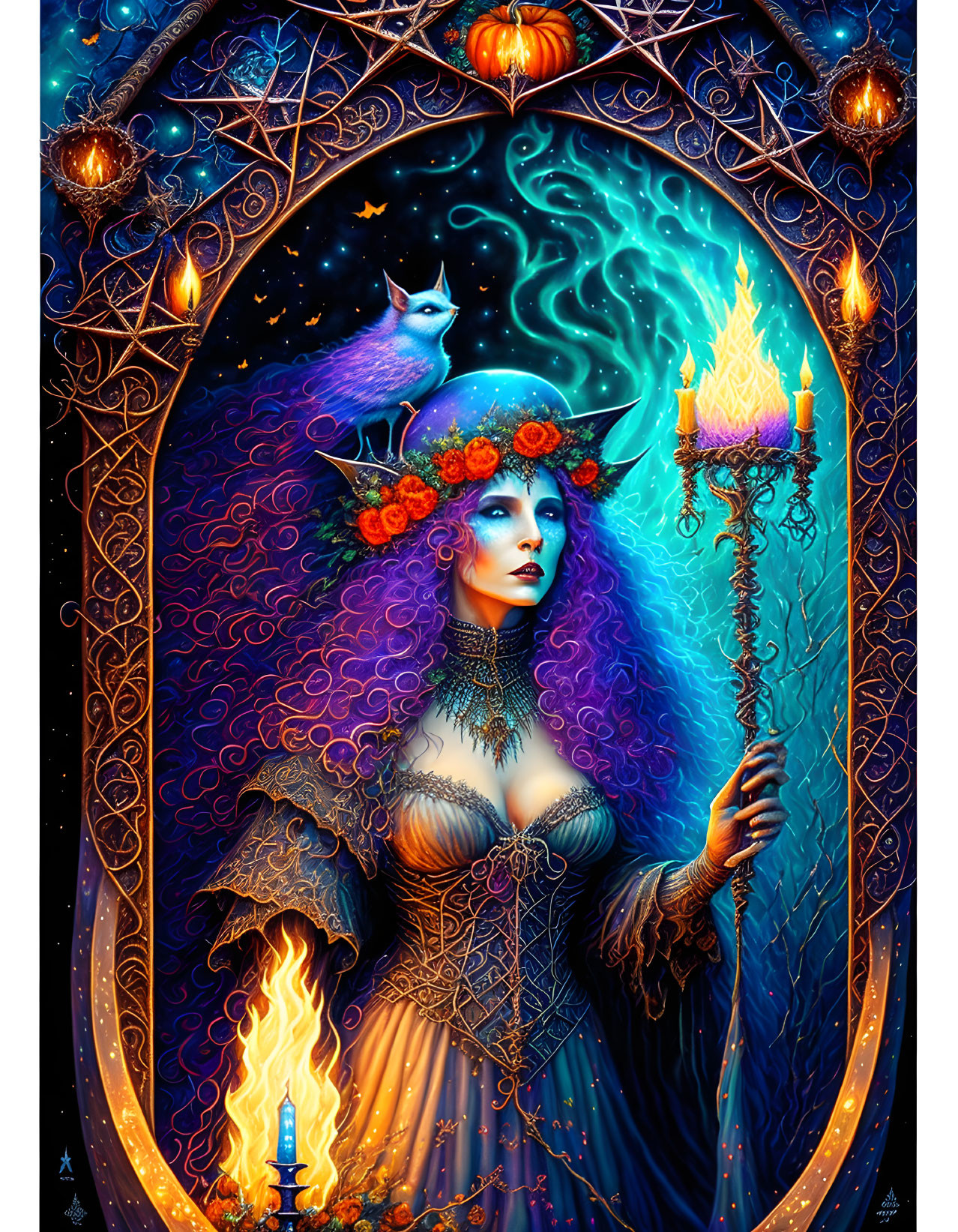 Mystical artwork of woman with fiery staff and bird among pumpkins and night sky