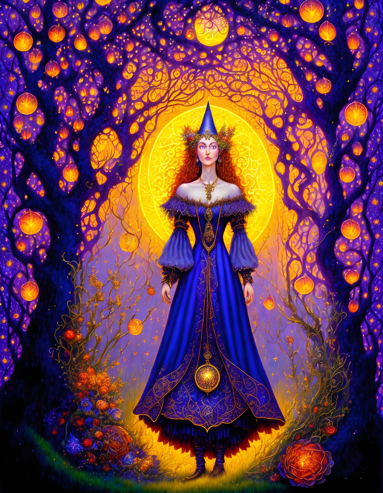 Mystical woman in blue gown under luminous full moon and glowing tree