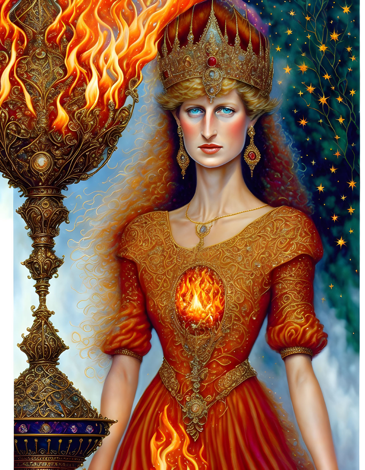 Illustrated queen in fiery crown and orange gown on starry backdrop