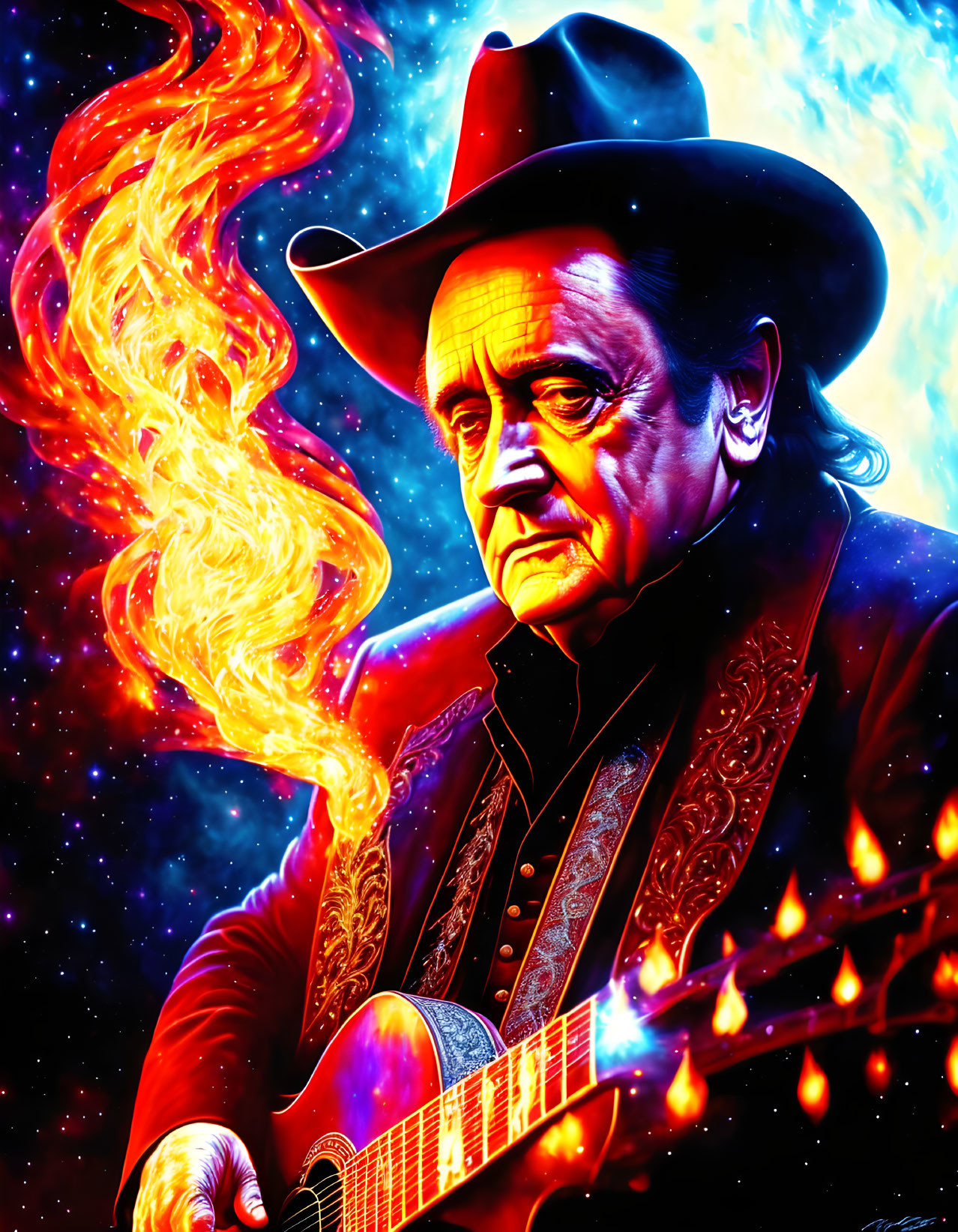 Colorful portrait: man in cowboy hat playing guitar with flames, cosmic backdrop