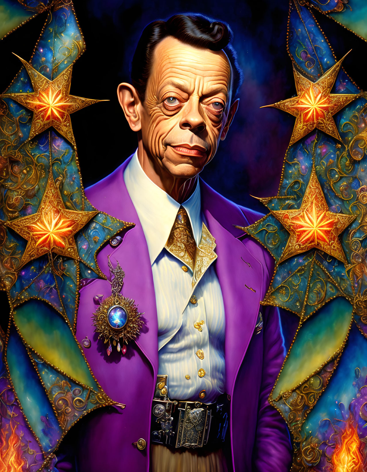 Portrait of a man in purple suit with star-shaped medal and golden stars.