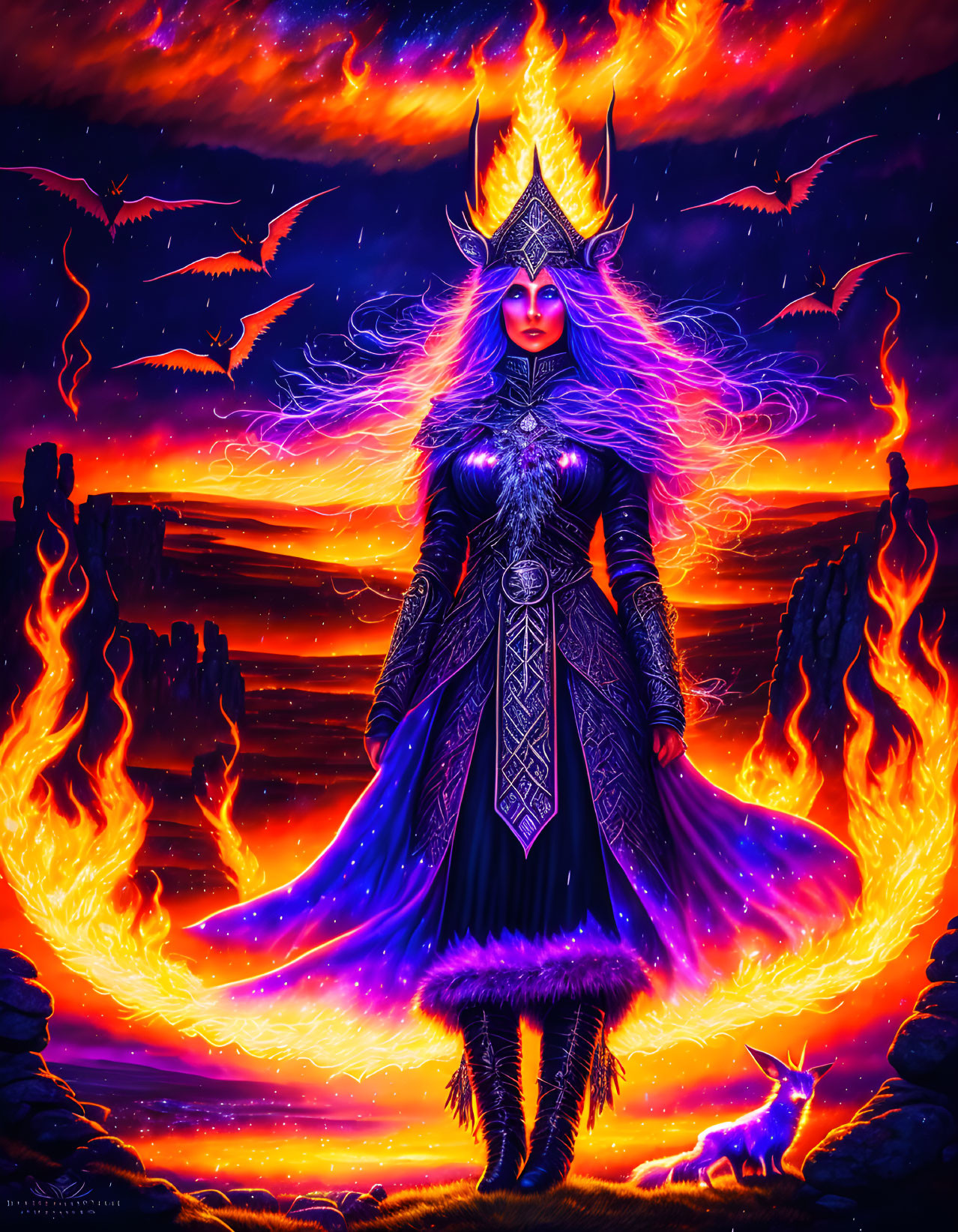 Fantasy character in purple and blue robe with glowing crown in fiery dragon scene