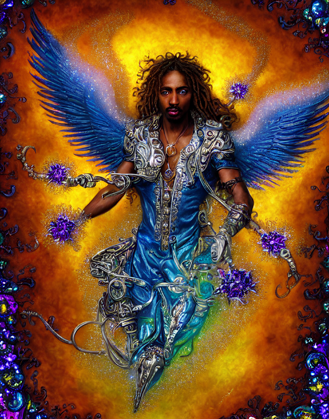 Fantasy illustration of a person with angelic wings and ornate armor in blue, gold, and