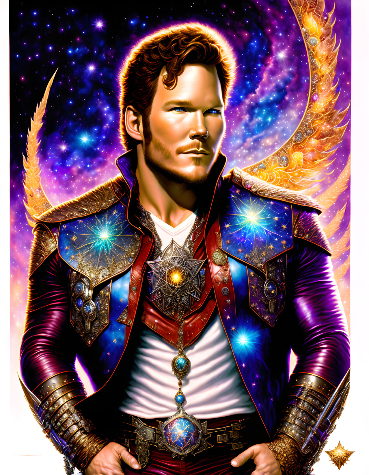 Colorful sci-fi illustration of a smirking man in celestial outfit.