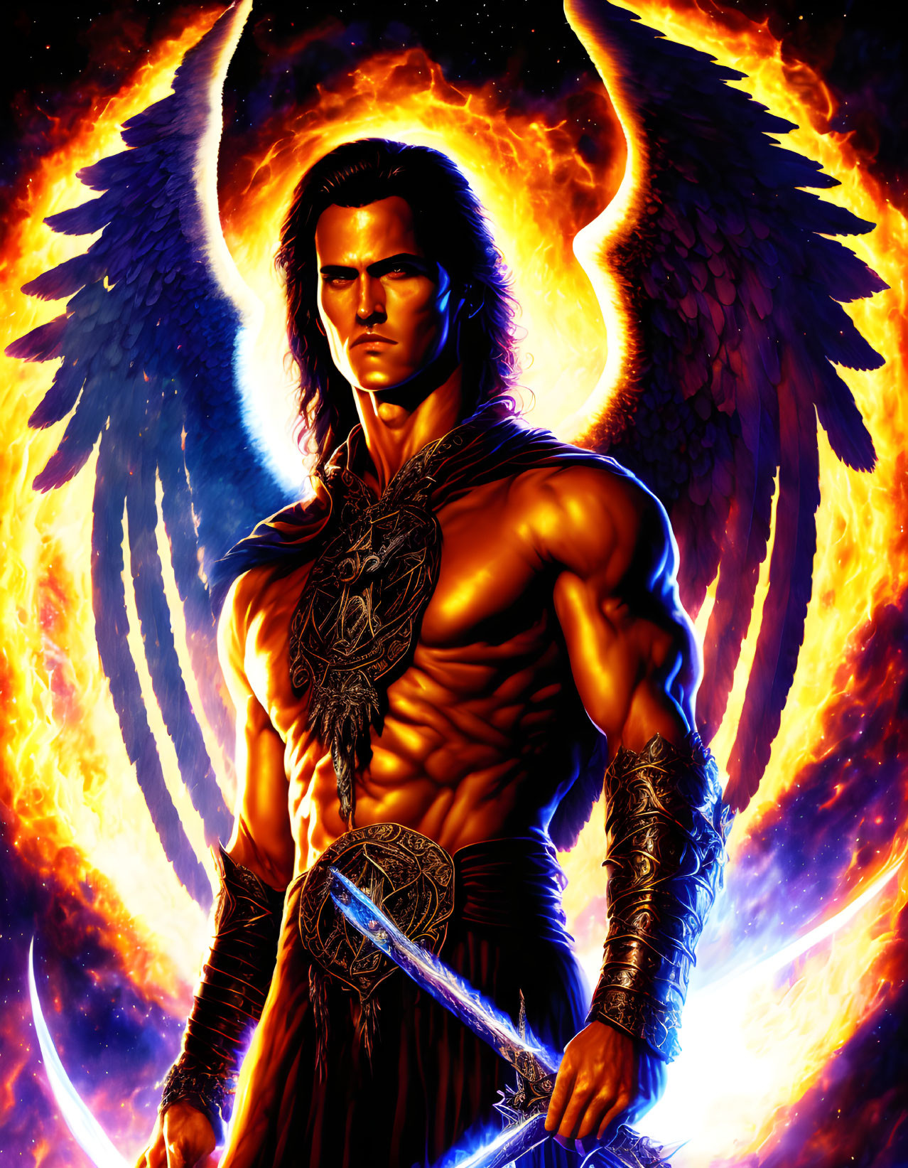 Warrior of Light with Fiery Wings and Swords