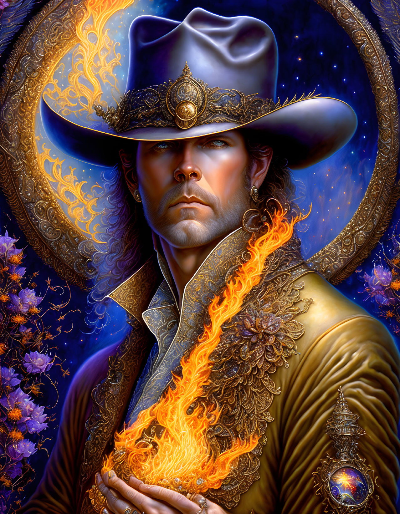 Illustrated portrait of man in cowboy hat with fire elements on jacket against celestial blue background.