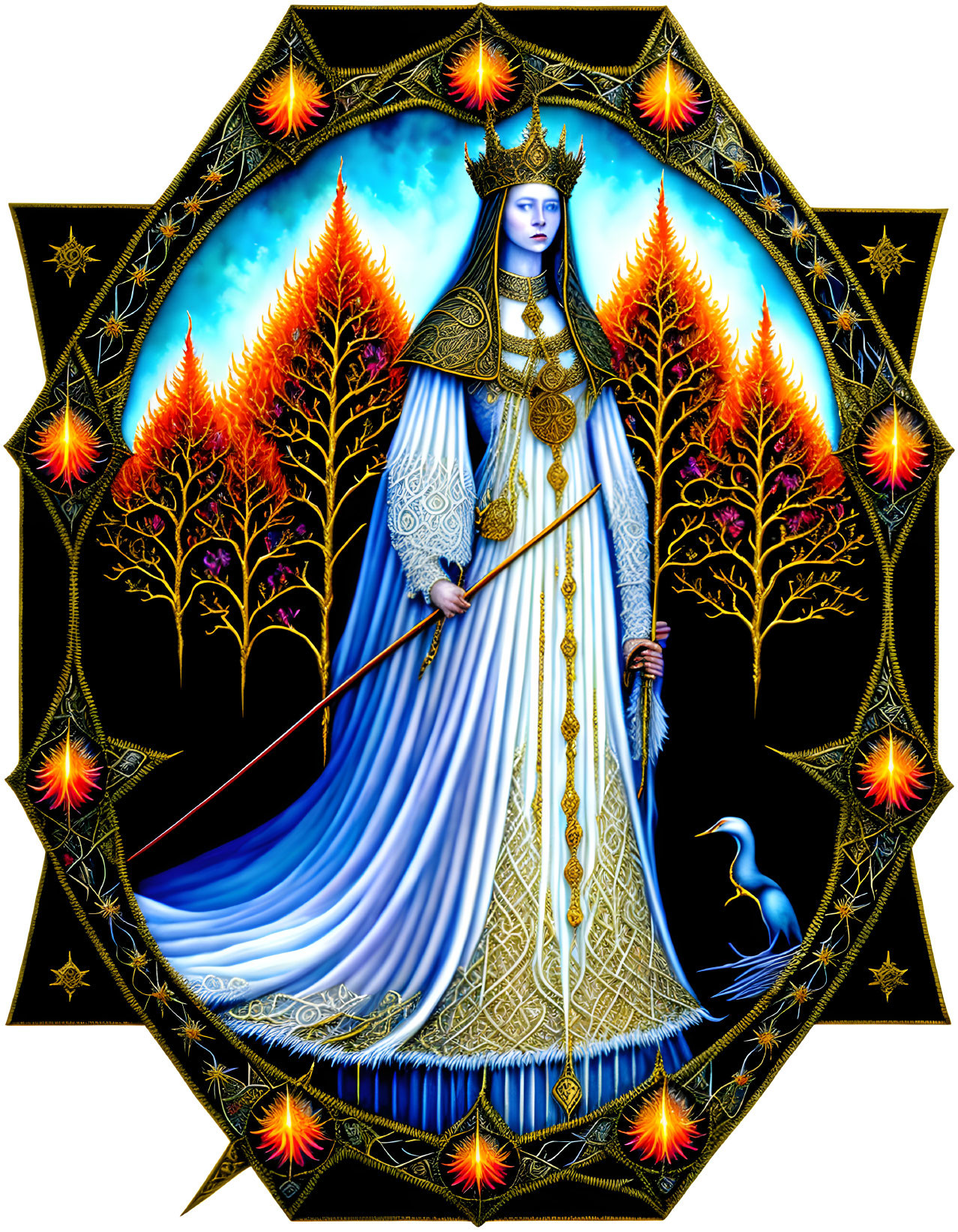 Regal woman in elaborate robes with staff in celestial setting