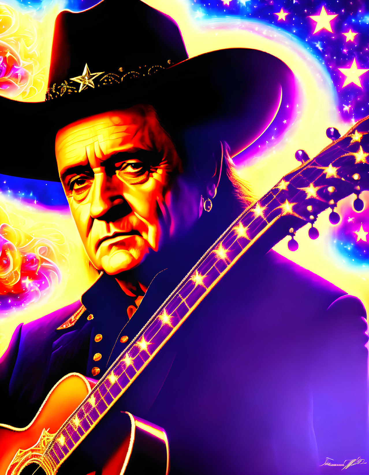 Colorful pop art portrait of stern man with cowboy hat and guitar on cosmic backdrop