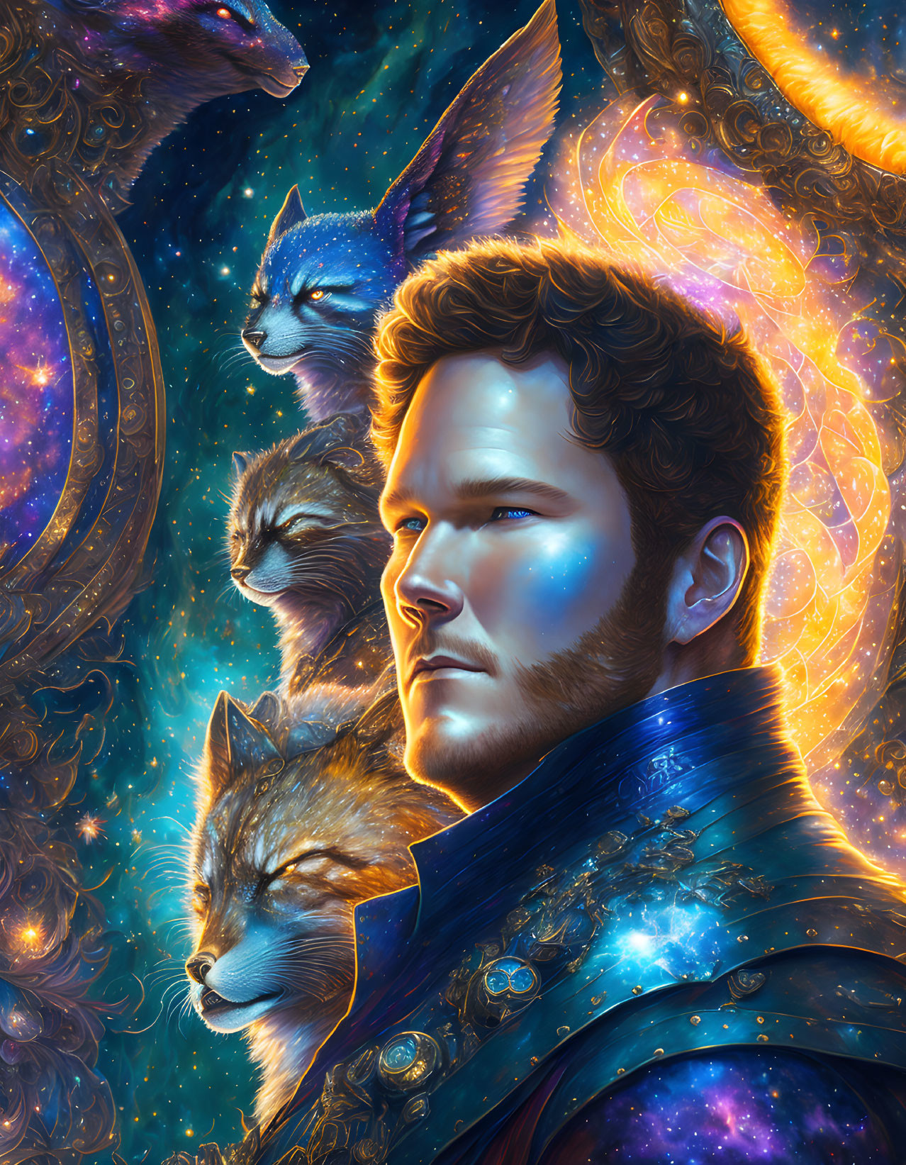 Man with cosmic features and three celestial wolves in vibrant galaxy scene