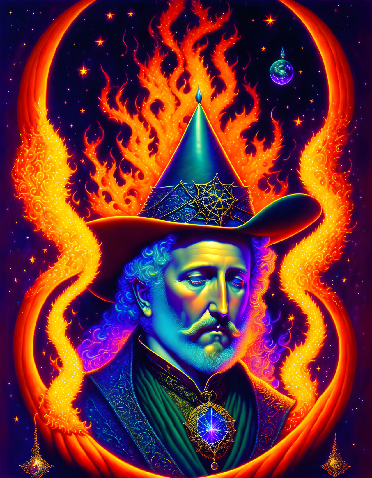 Man with mystical aura and fiery snake hat in cosmic setting