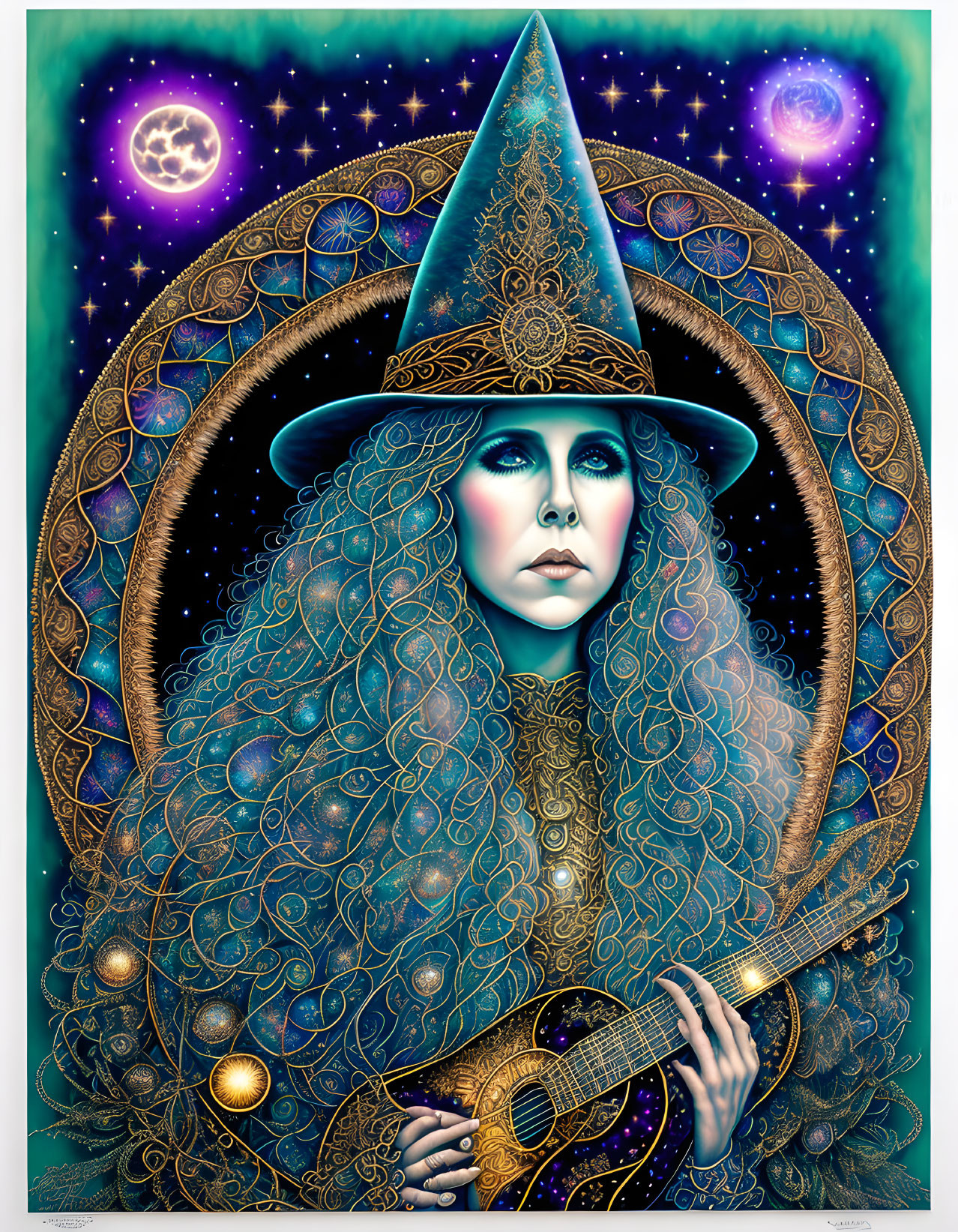 Illustration of woman with long hair, ornate hat, lute, celestial background