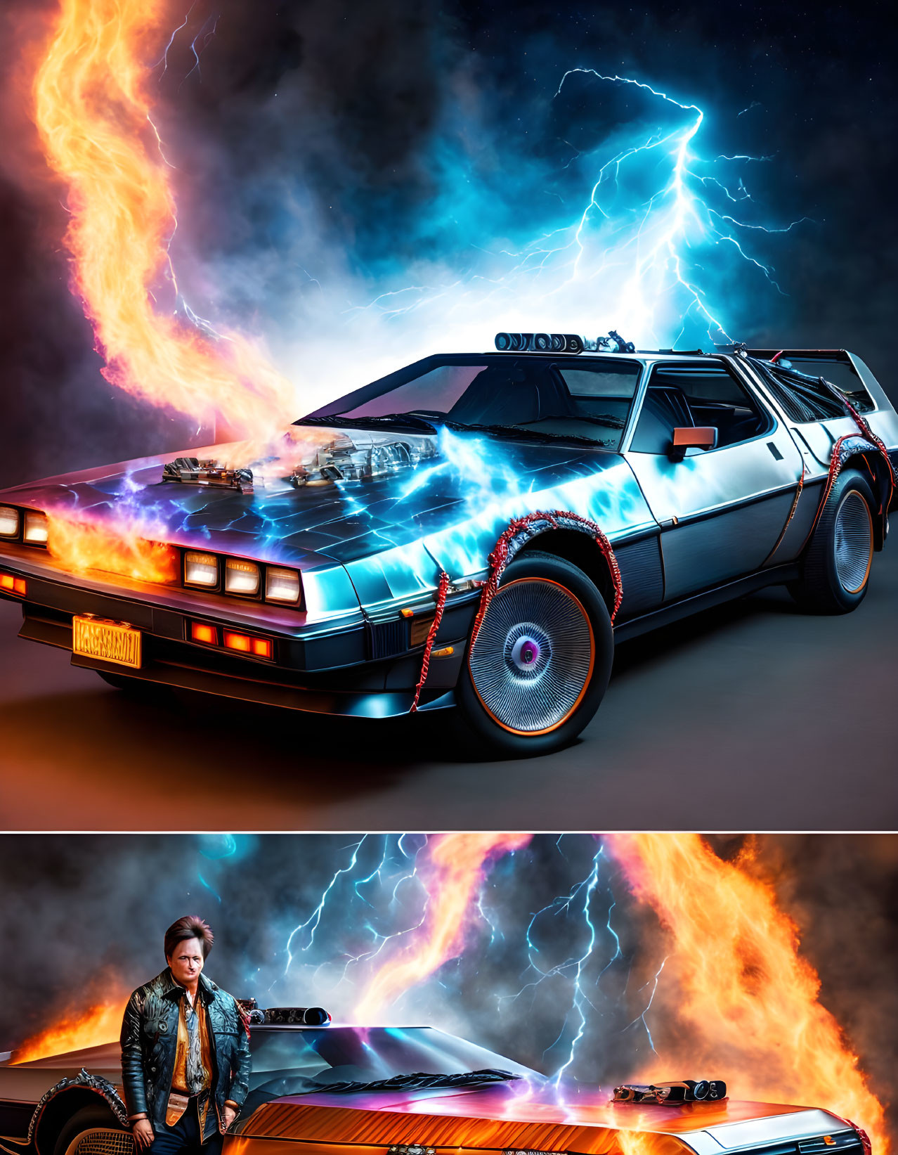 Futuristic DeLorean Car with Glowing Lights and Flames, Man in Leather Jacket