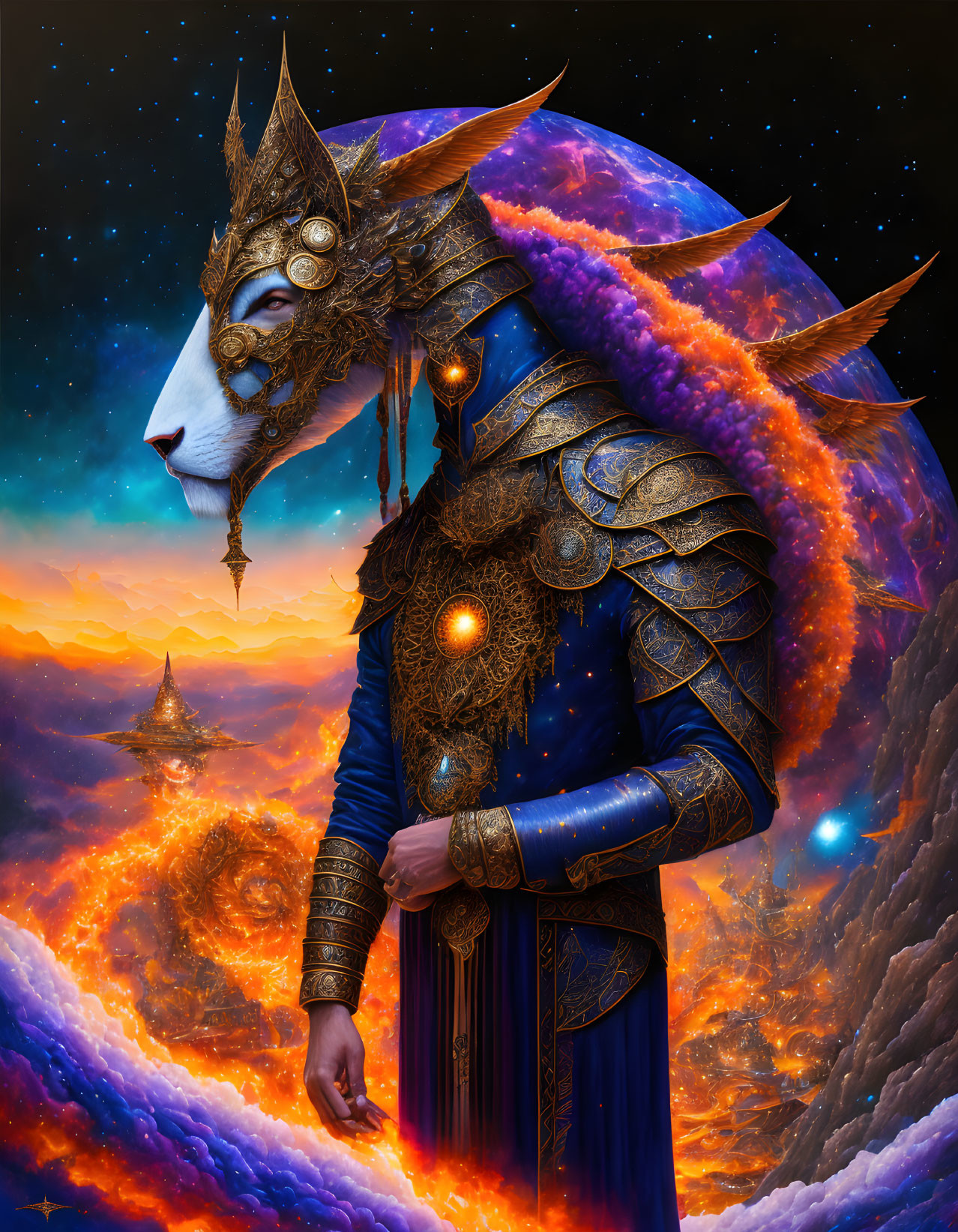 Ethereal figure in ornate armor against cosmic backdrop