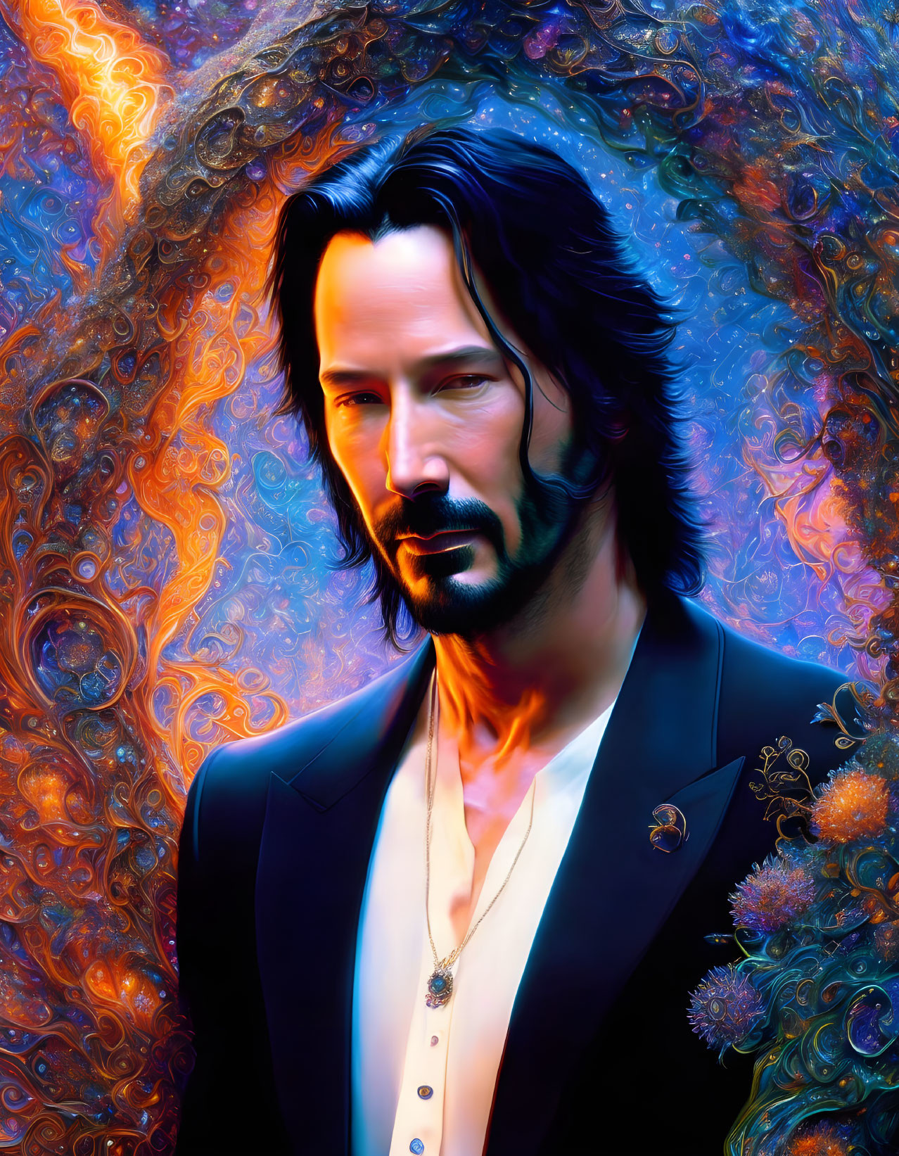 Colorful digital portrait of a man in black suit against cosmic backdrop