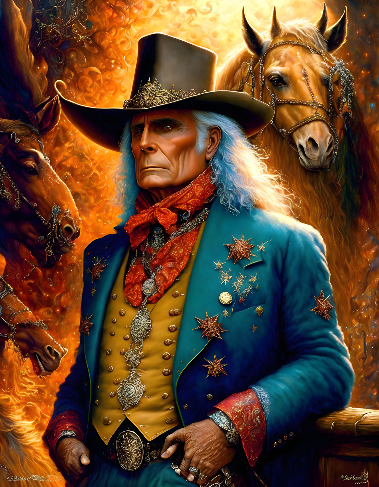 Elder cowboy with white hair in blue coat and hat, horses in background