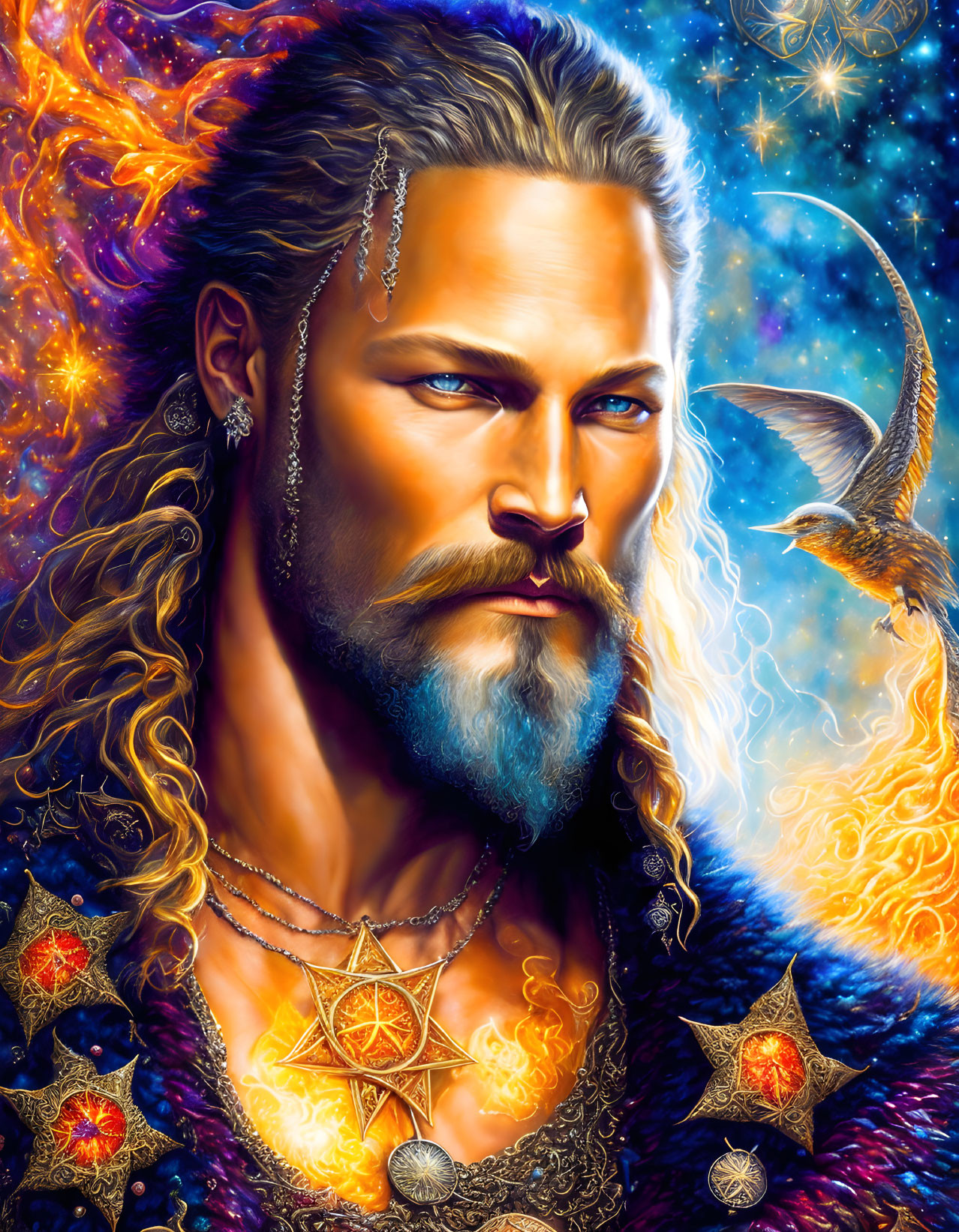 Colorful illustration: Bearded man with cosmic background and mystical symbols.