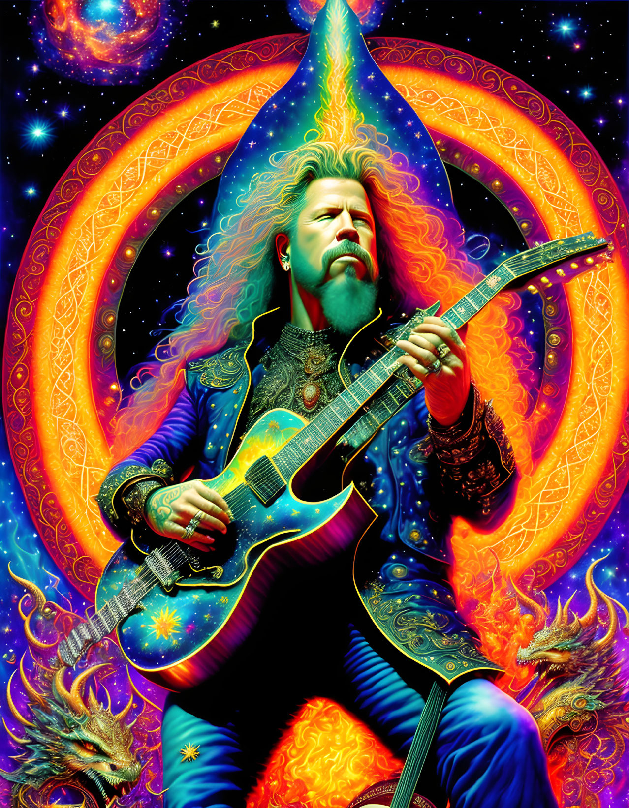 Colorful illustration of bearded man playing guitar in cosmic setting