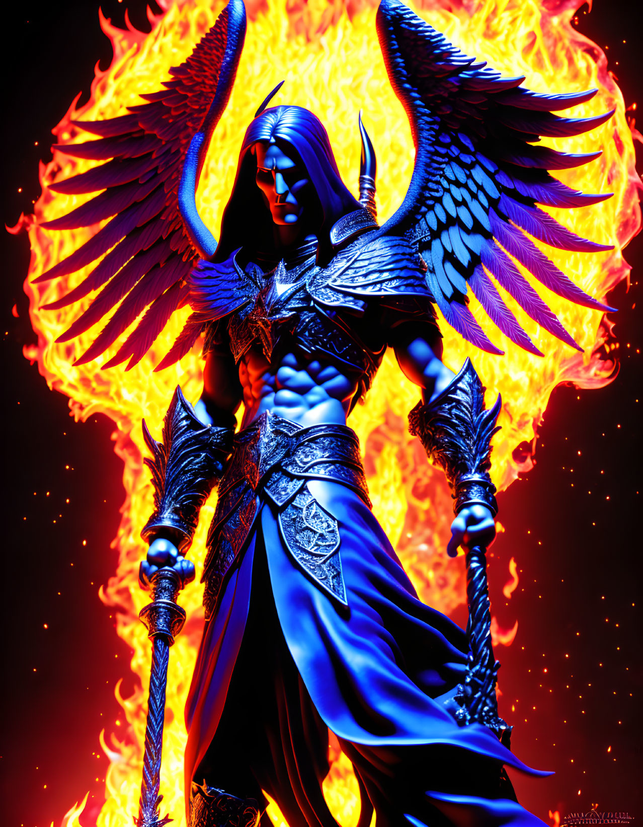 Fantasy warrior with dark angelic wings in ornate armor against fiery backdrop