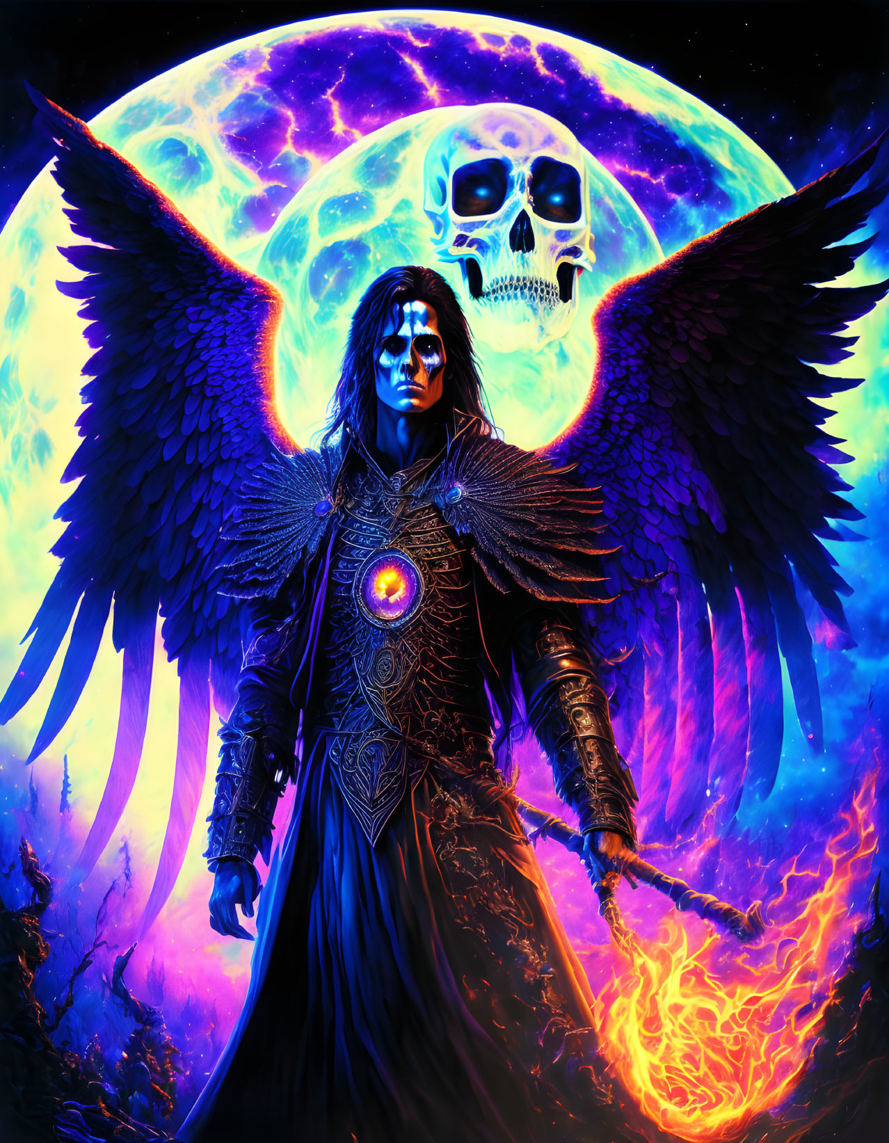 Dark fantasy figure with wings, giant skull, fiery magic, moon, cosmic backdrop