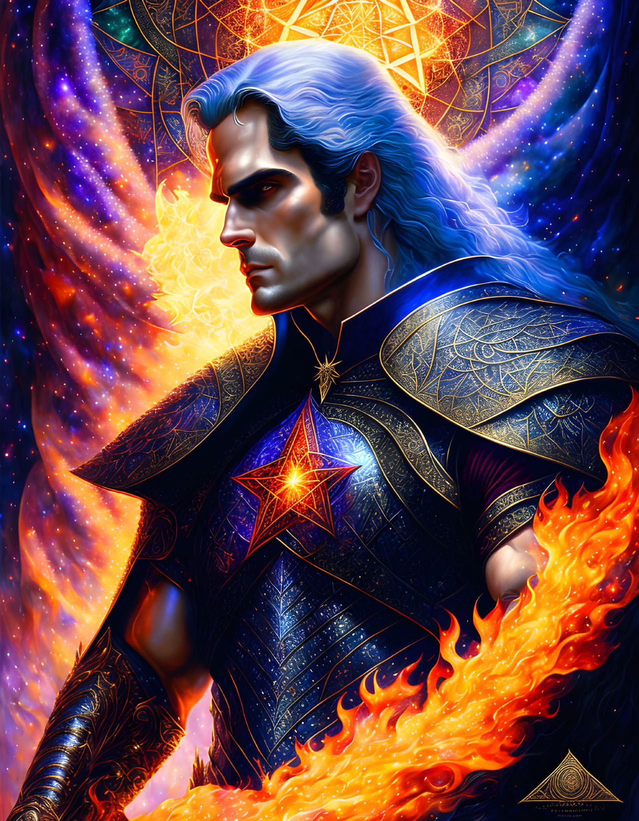 Male figure with blue skin and cosmic armor in galactic setting