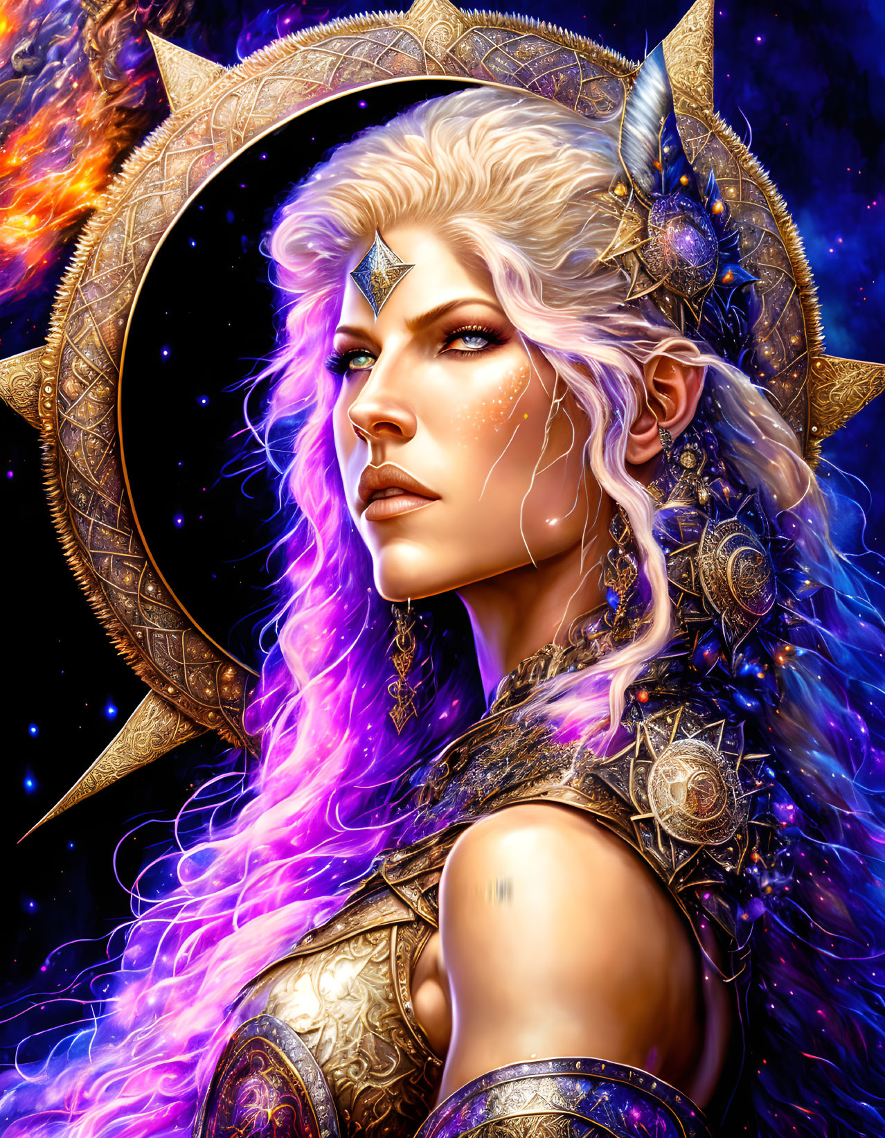 Fantasy female figure with white hair and elf ears in golden armor on cosmic background.