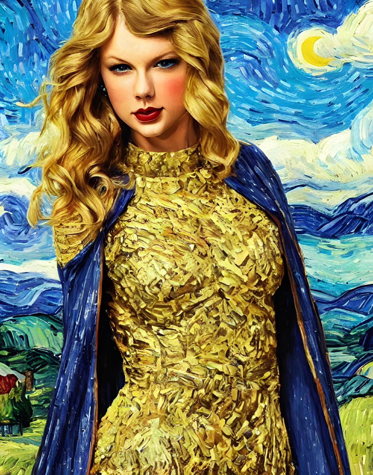 Stylized portrait of a woman in golden outfit and blue cape