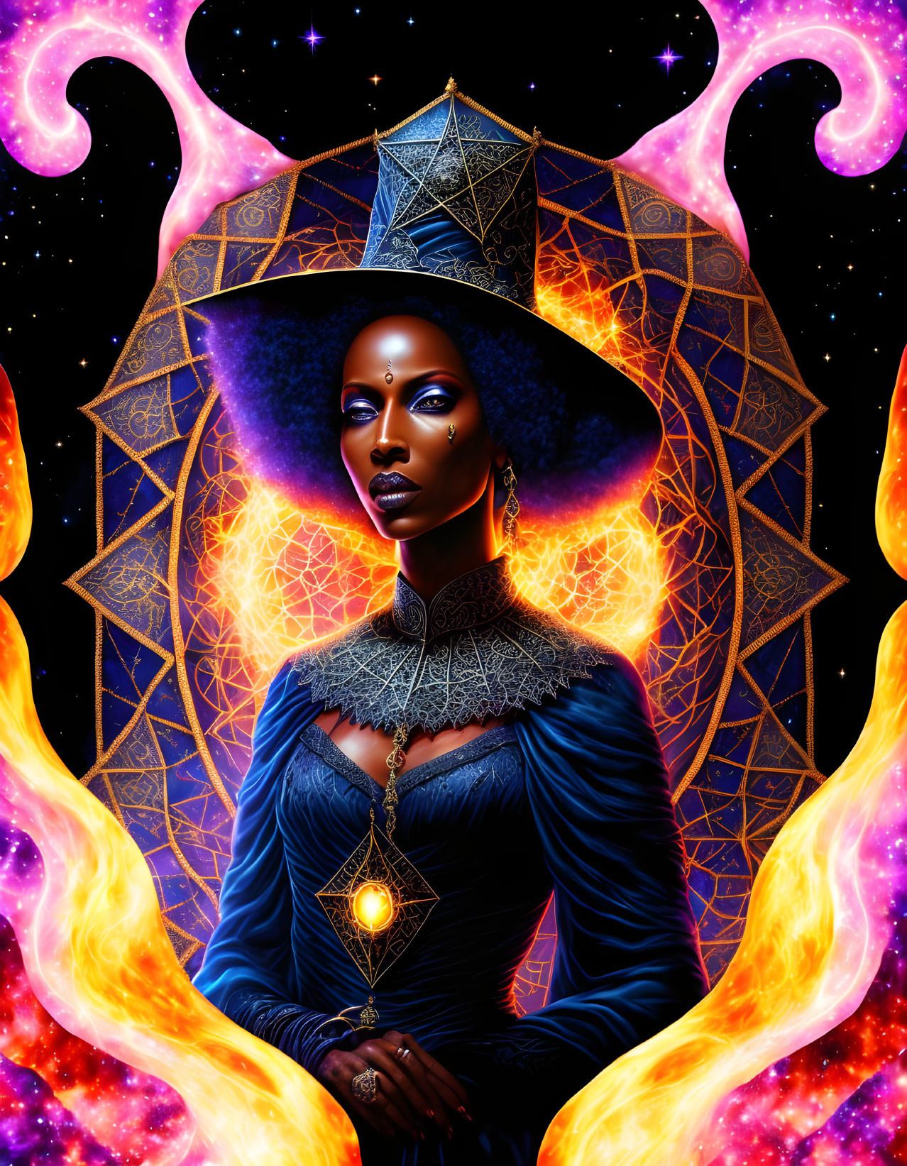 Cosmic-themed woman in blue gown surrounded by stars and flames