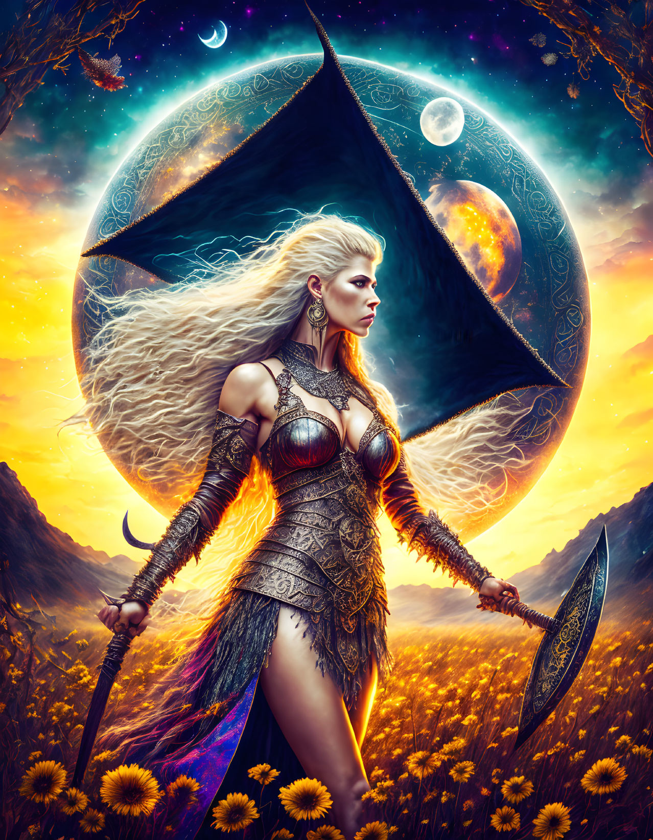 Warrior woman in ornate armor with celestial backdrop and sunflower field