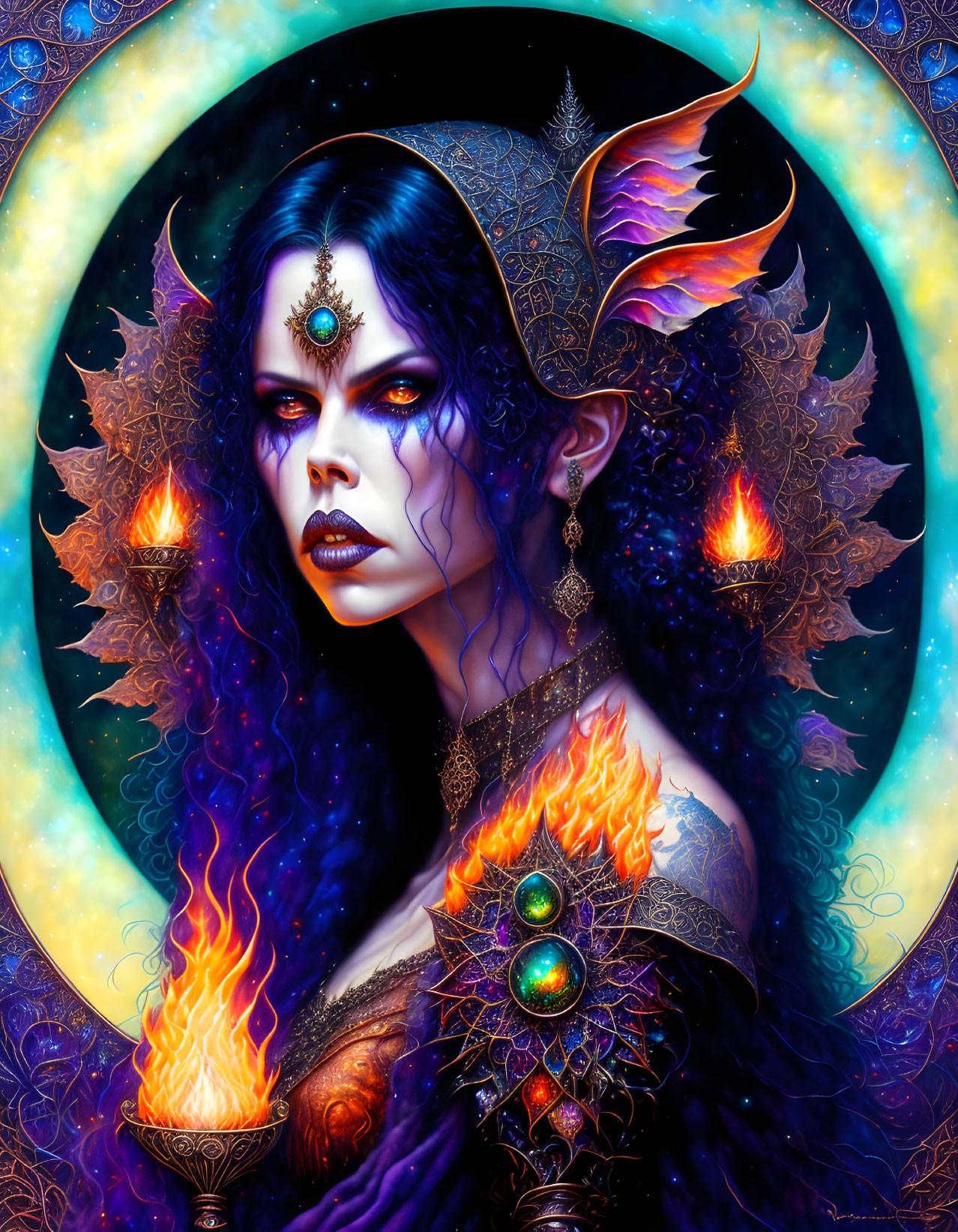 Fantasy female character with blue skin, purple hair, and glowing orange eyes against moon backdrop, holding