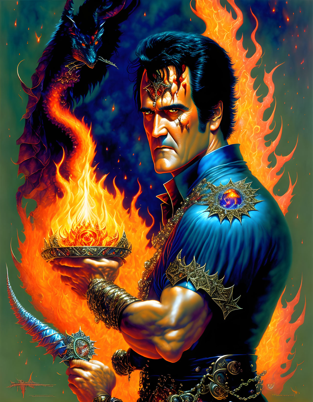 Fantasy illustration of stern man with flaming bowl, dragon & mystical fire.