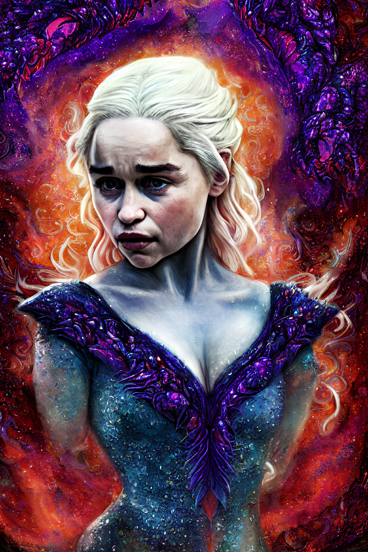 Digital artwork of pale-skinned woman with white-blond hair in cosmic background.