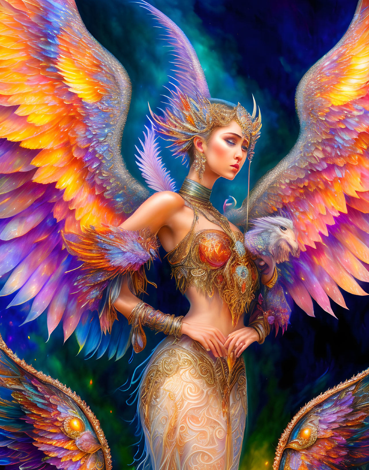 Majestic figure in vibrant armor with colorful wings
