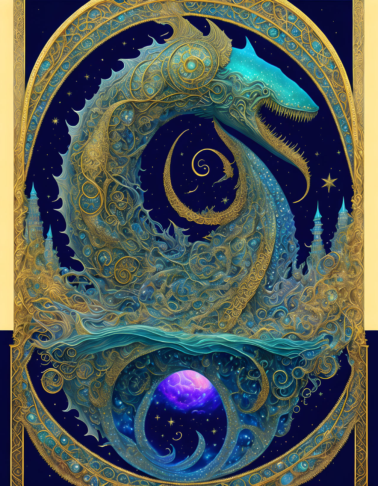 Cosmic dragon encircles galaxy in vibrant blues and golds