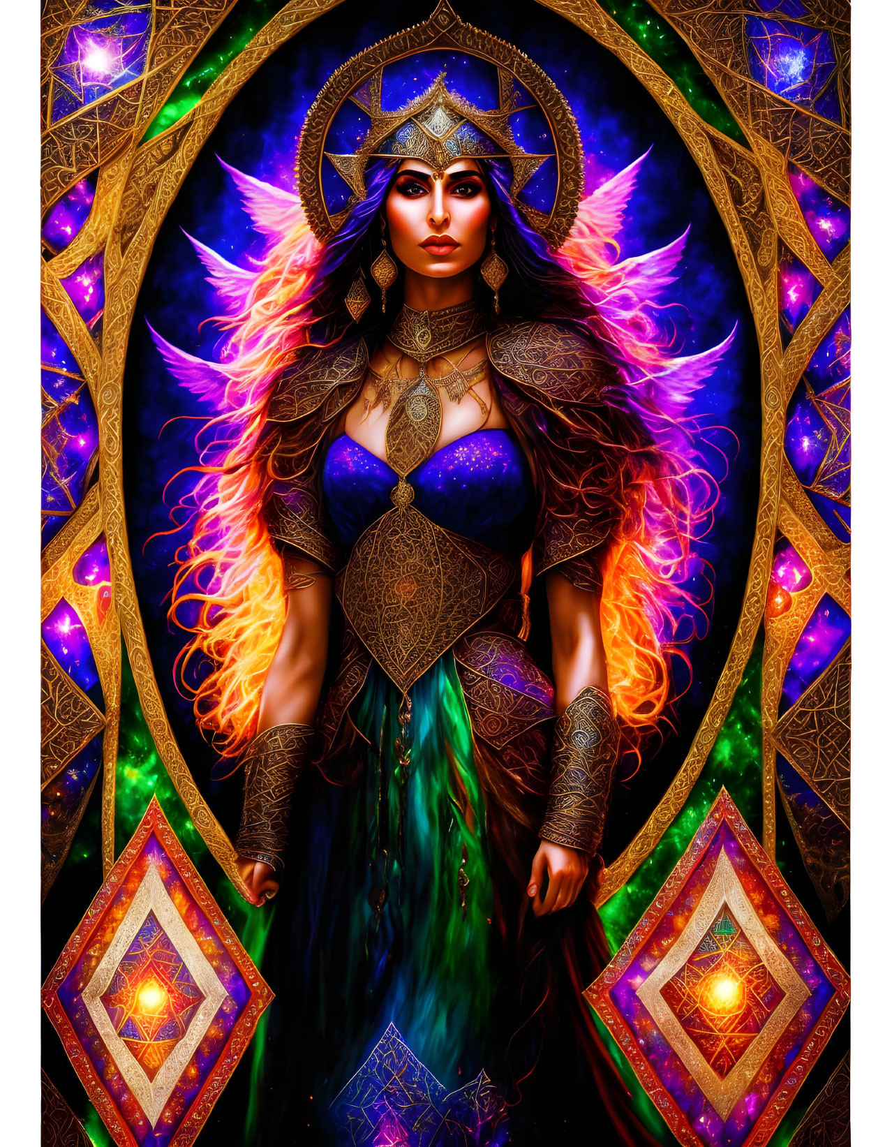 Vibrant artwork of female figure in celestial armor and mystical motifs