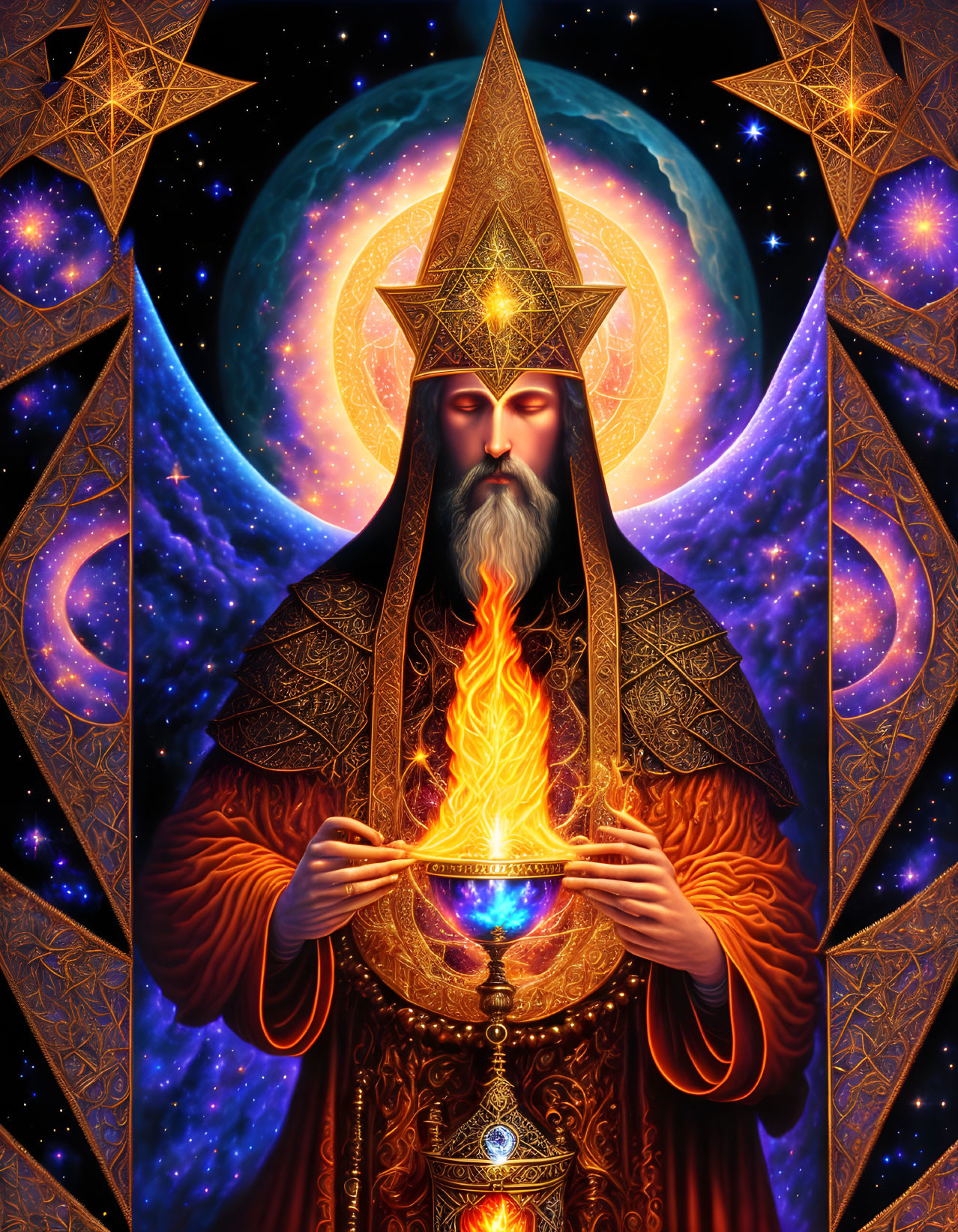 Mystical wizard with long beard and flaming staff in cosmic scene