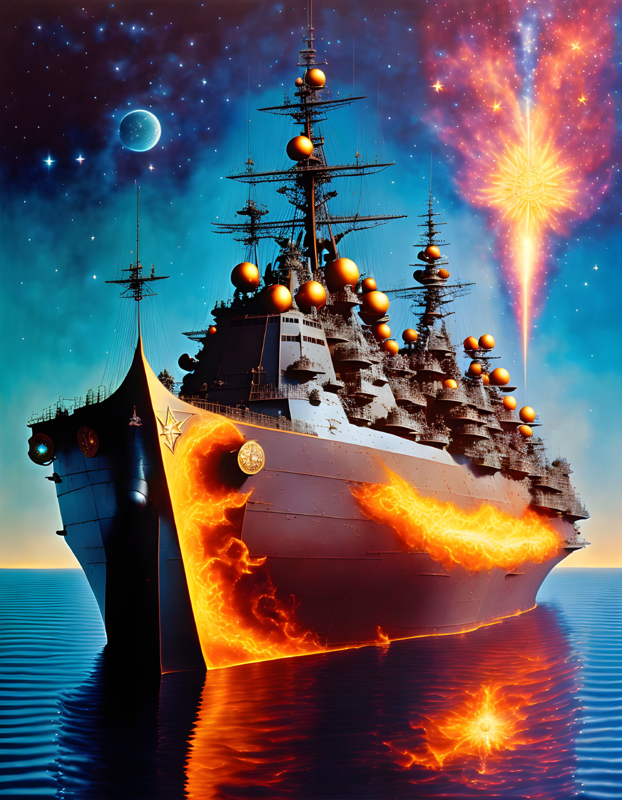 Fantastical battleships with fiery trails on surreal ocean and cosmic sky.