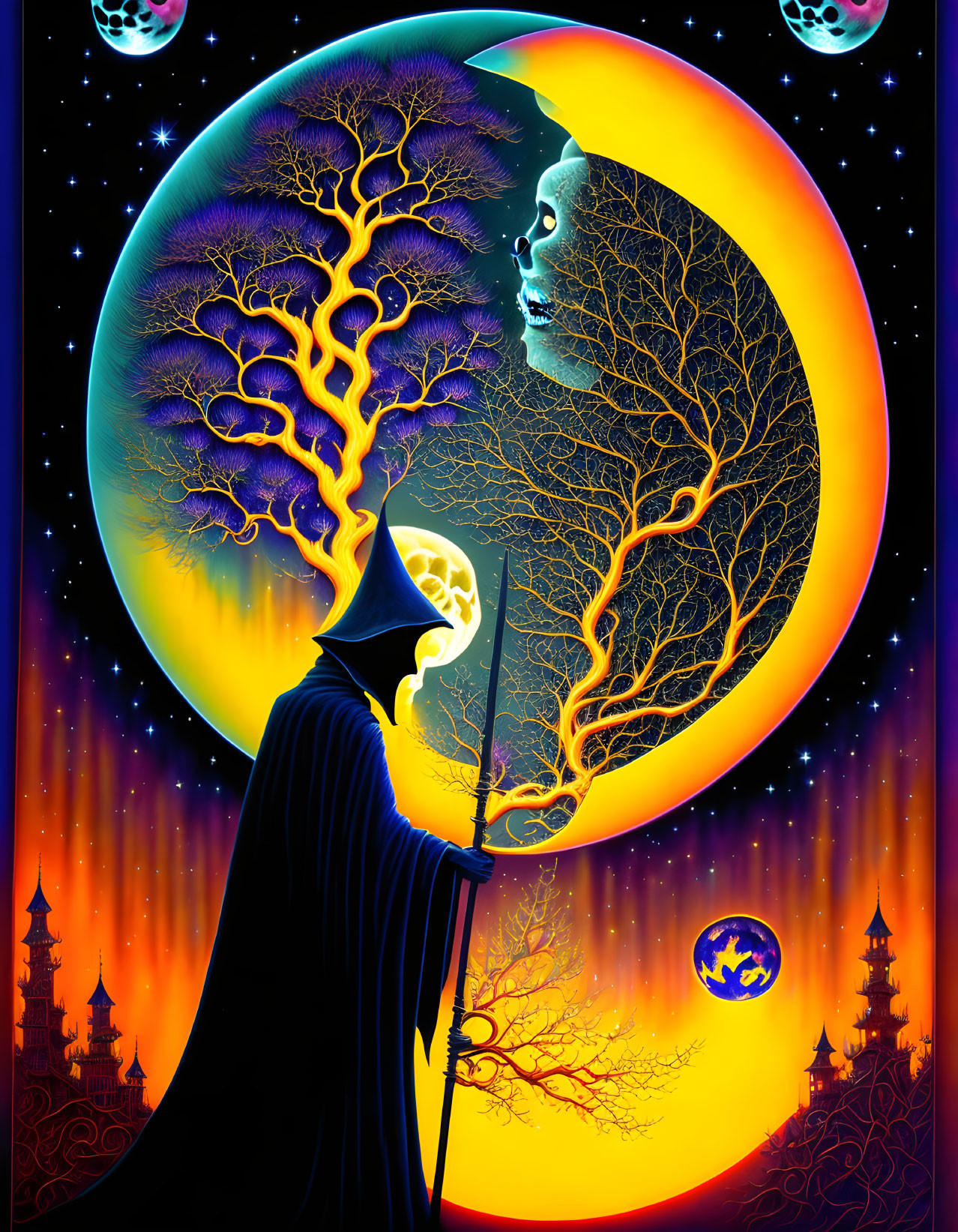 Cloaked figure in cosmic scene with moon, tree, and woman profile.