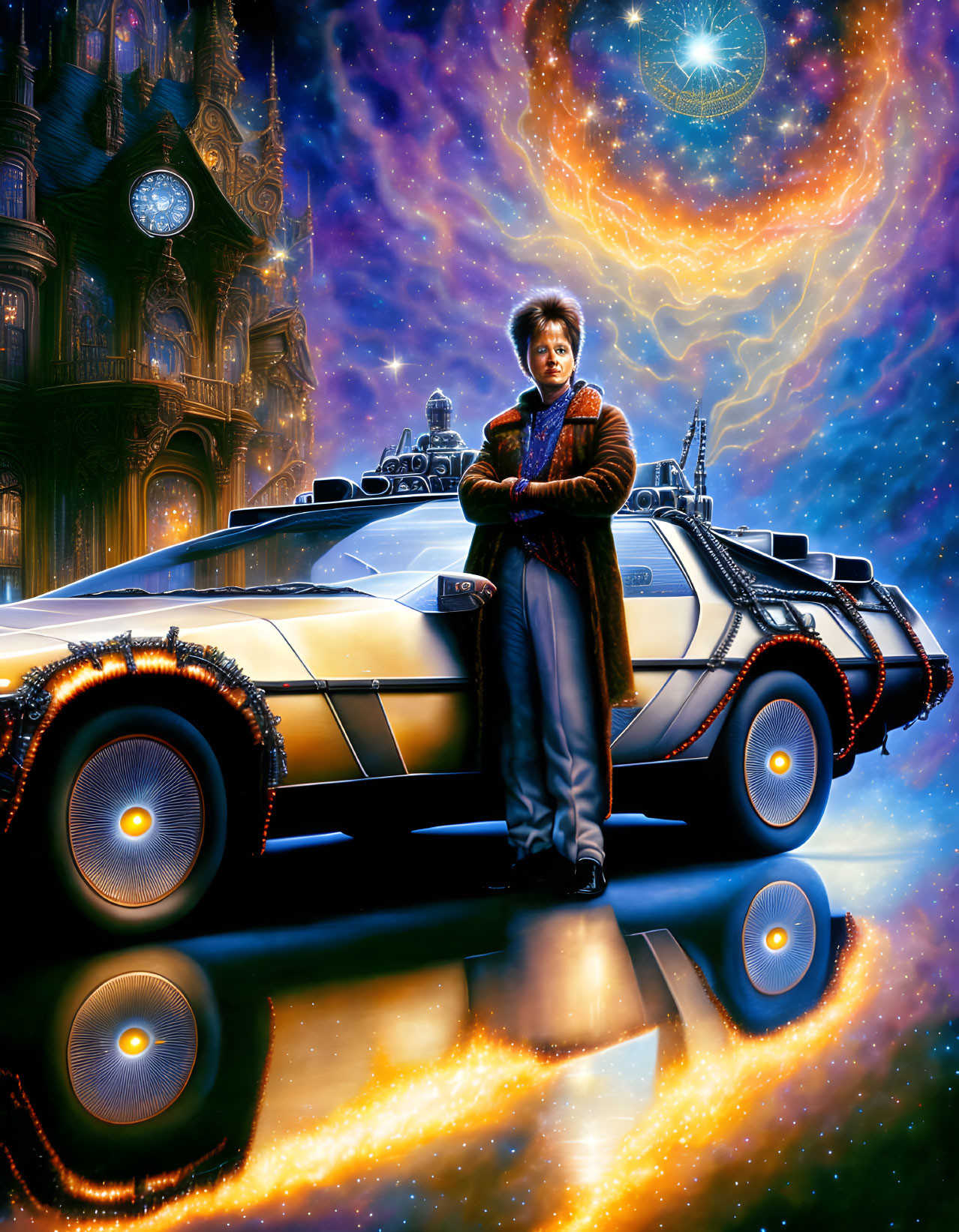 Person with afro poses by classic Delorean car under cosmic sky with stars, planets, and celestial