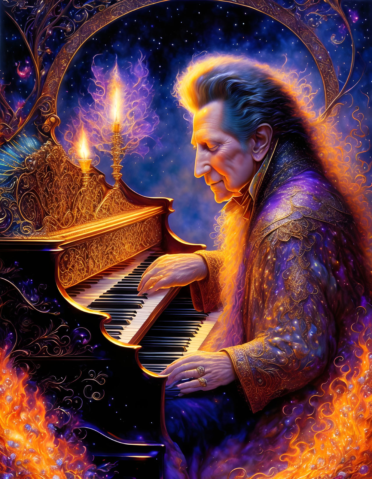 Fantasy illustration of man playing piano in fiery cosmic setting