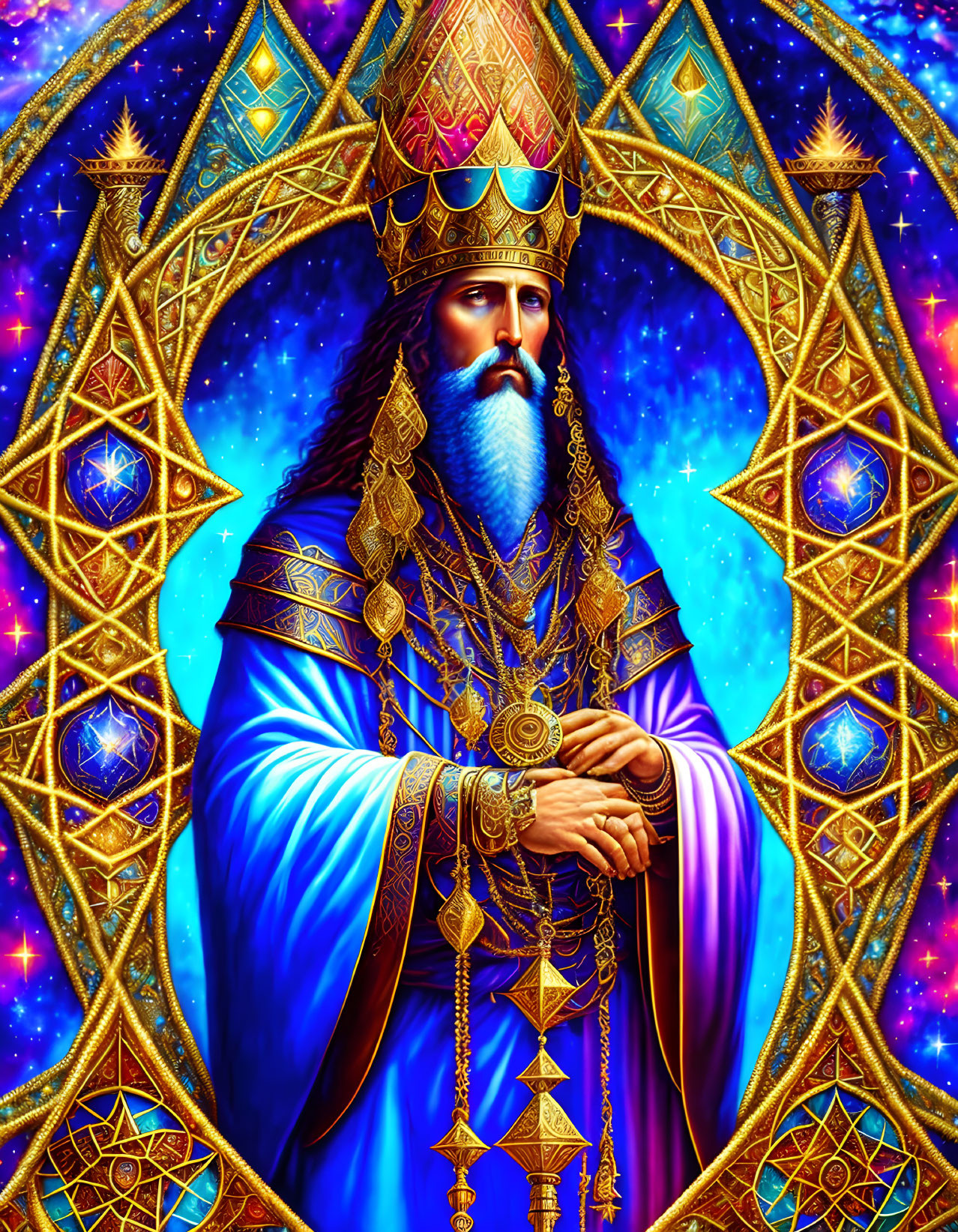 Regal figure with blue beard in golden crown and robes on cosmic background