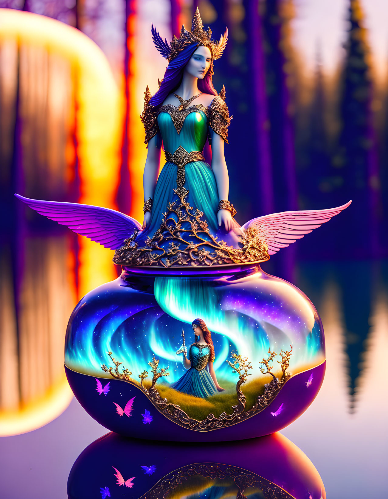 Fantasy image: Winged elfin woman on reflective orb with smaller figure.