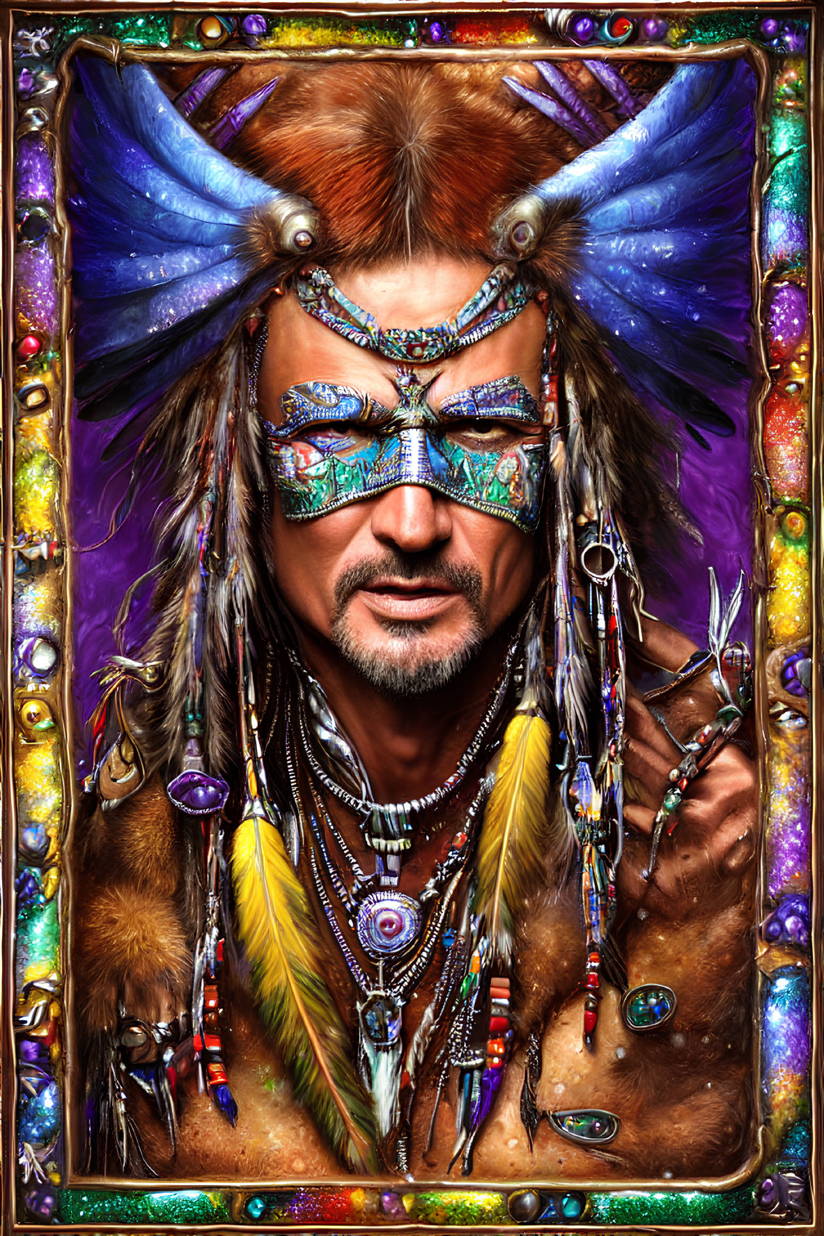 Colorful portrait of a man with feathered accessories and ornate headband