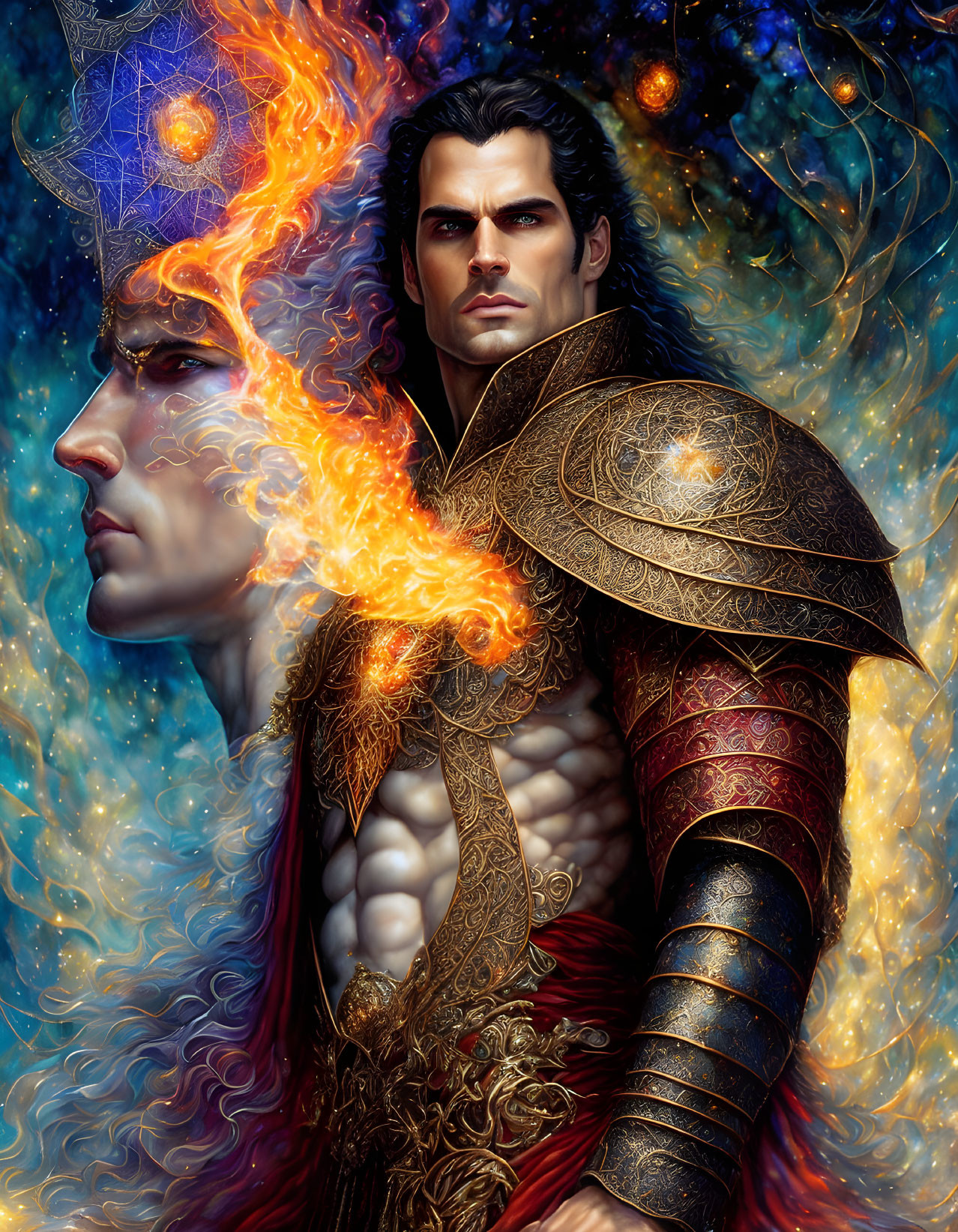 Man with shoulder armor exhales fire in cosmic setting with translucent head profile.