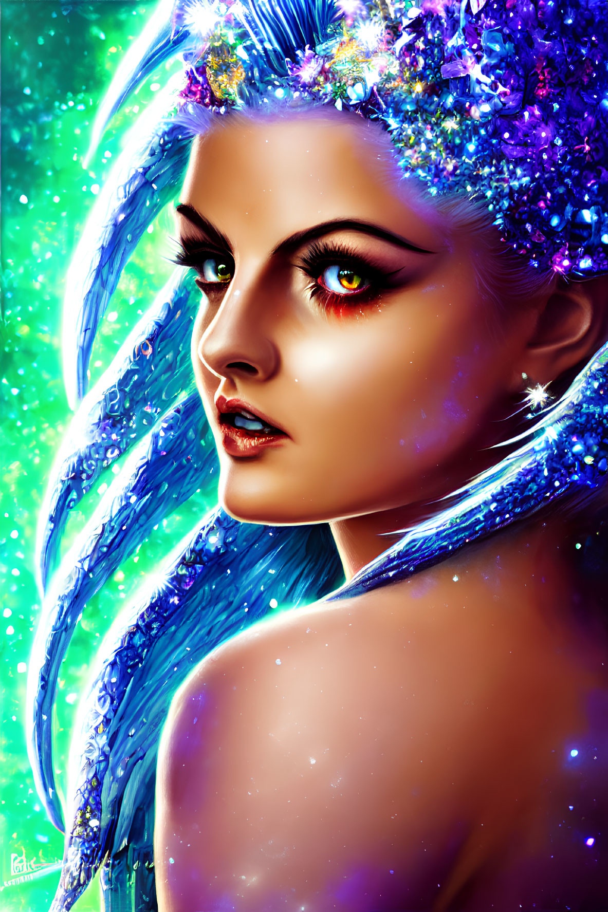 Fantasy female portrait with blue hair and gemstones on green backdrop