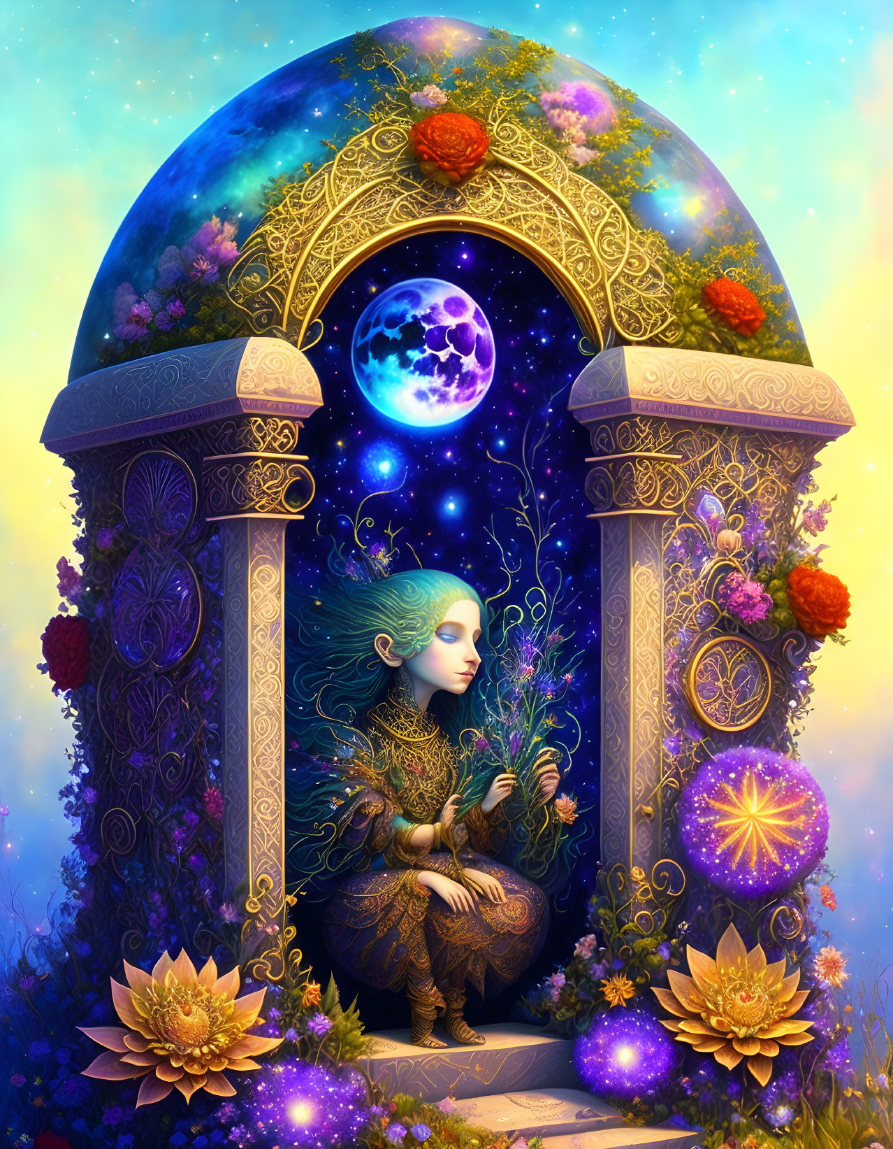 Mystical gate illustration with cosmic elements and magical female figure.