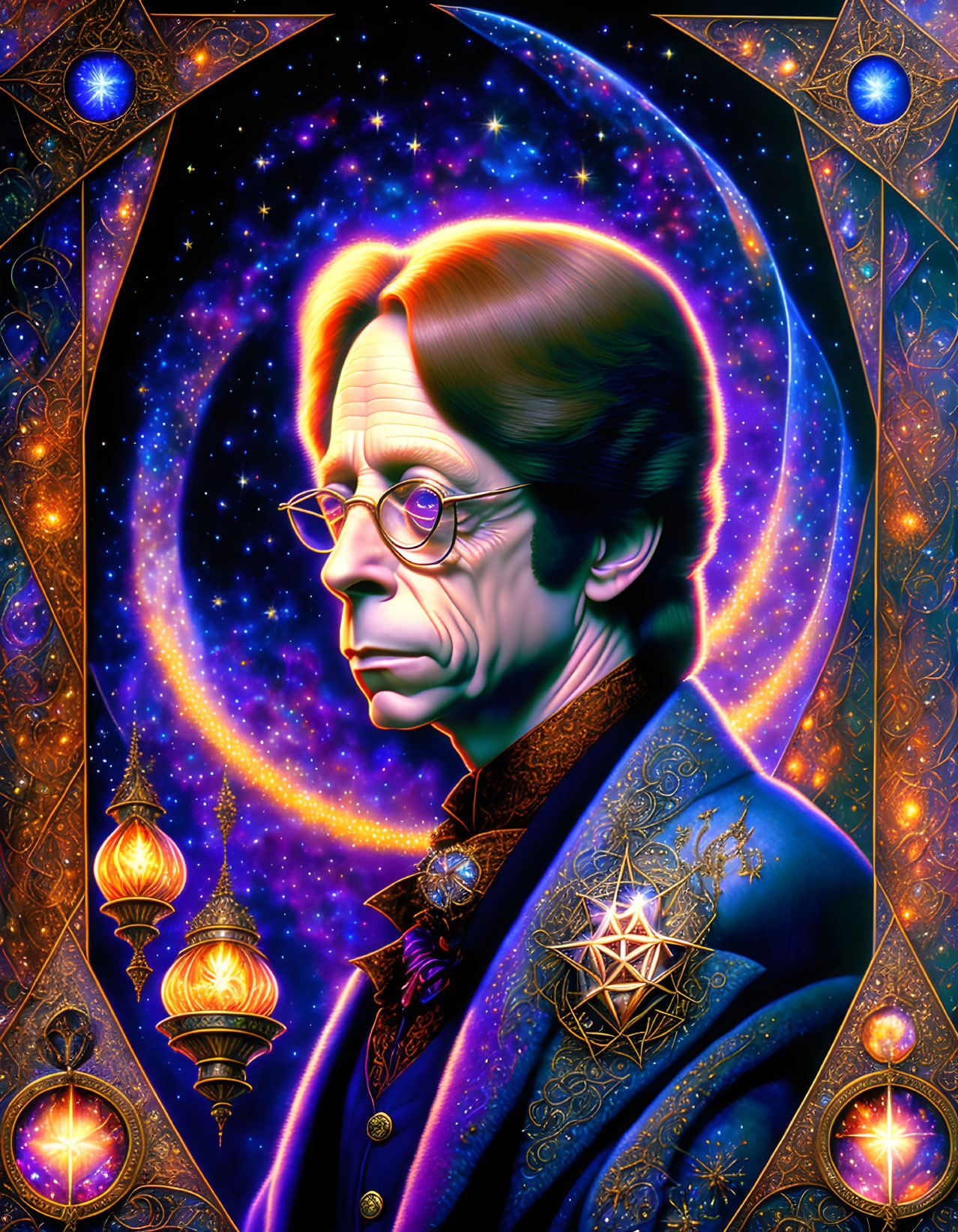 Colorful cosmic portrait of a man with glasses and mystical symbols