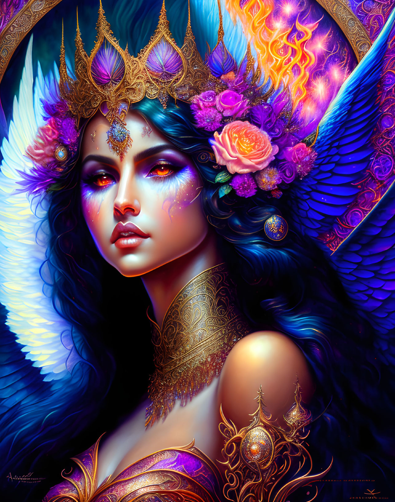 Vibrant fantasy art: Blue-skinned woman with crown, fiery elements, and wings