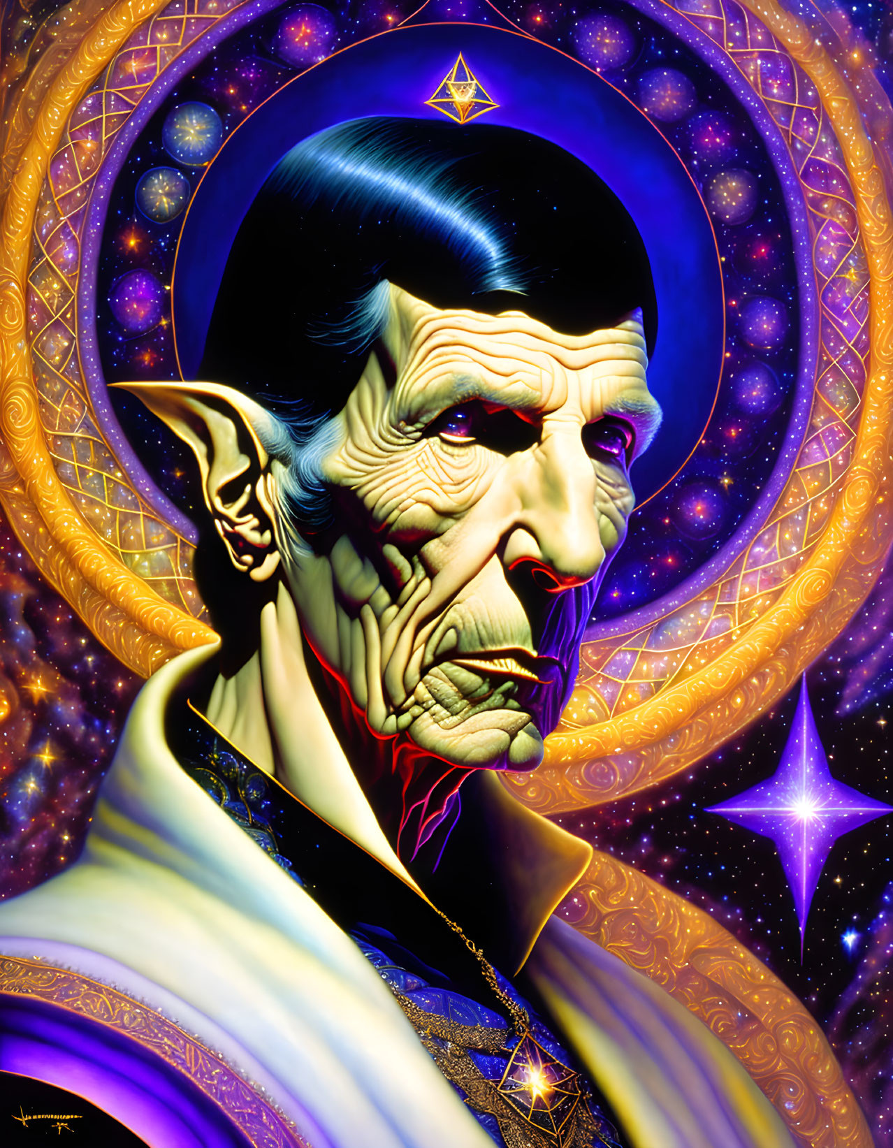 Detailed cosmic portrait of a male figure with pointed ears and intense gaze amid geometric shapes and stars