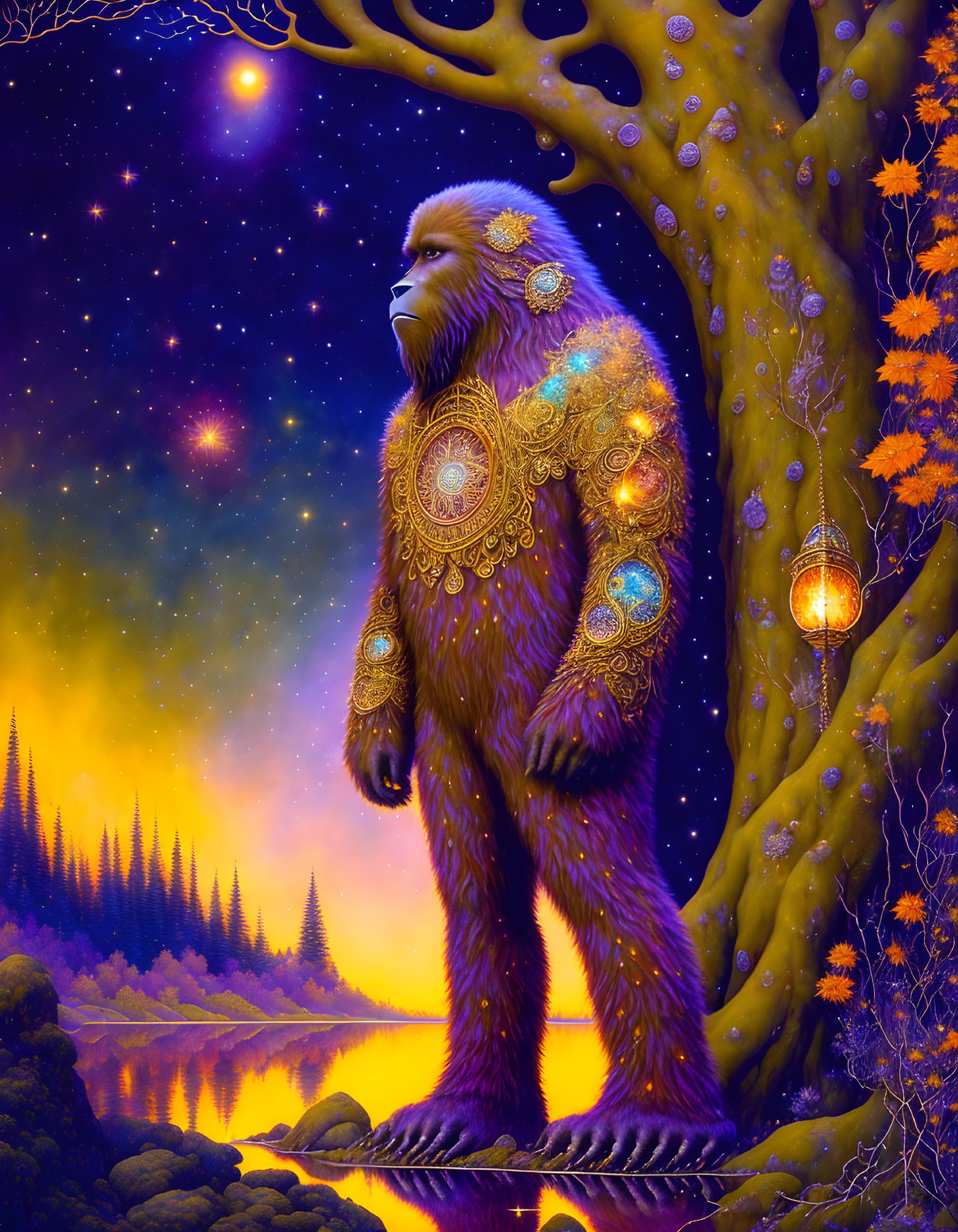 Mystical creature with ornate patterns near lake under starry sky